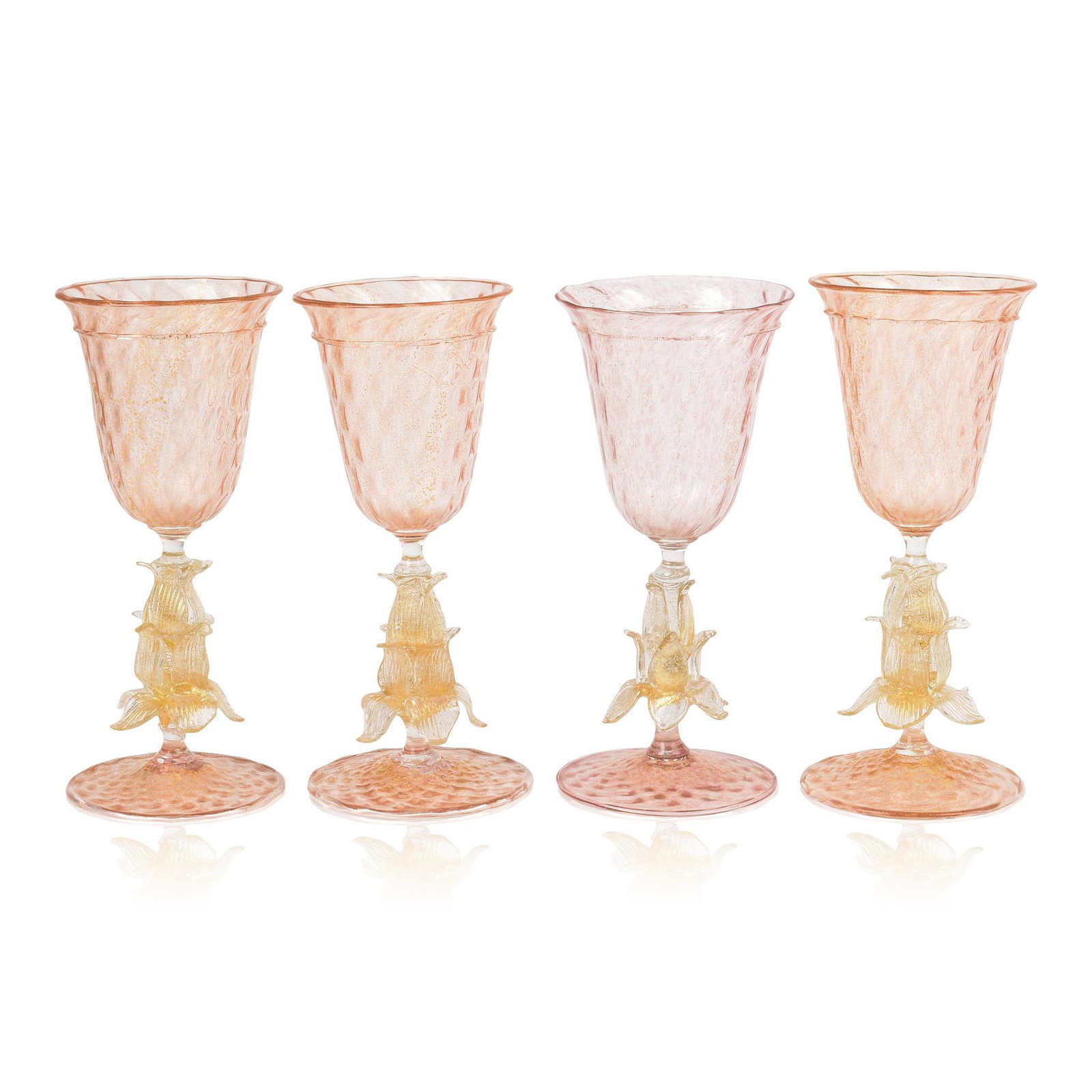 Four Venetian Glass Wine Goblets.: Peach color, flocked gold flower petal stem. Height 8 inches, excellent condition.