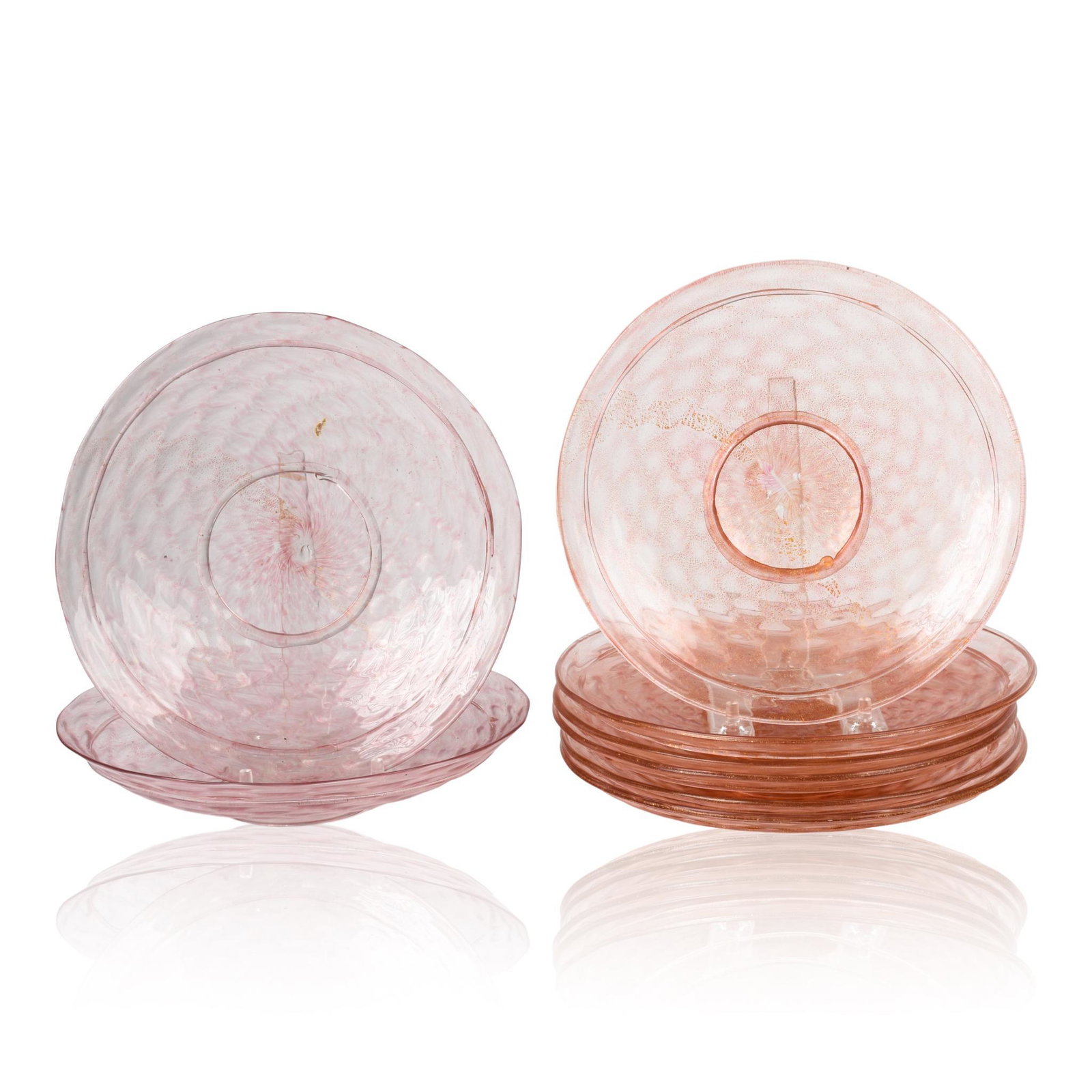 Eight Venetian Glass Plates.: Six in peach, two light purple, diameters 8.25 inches.
