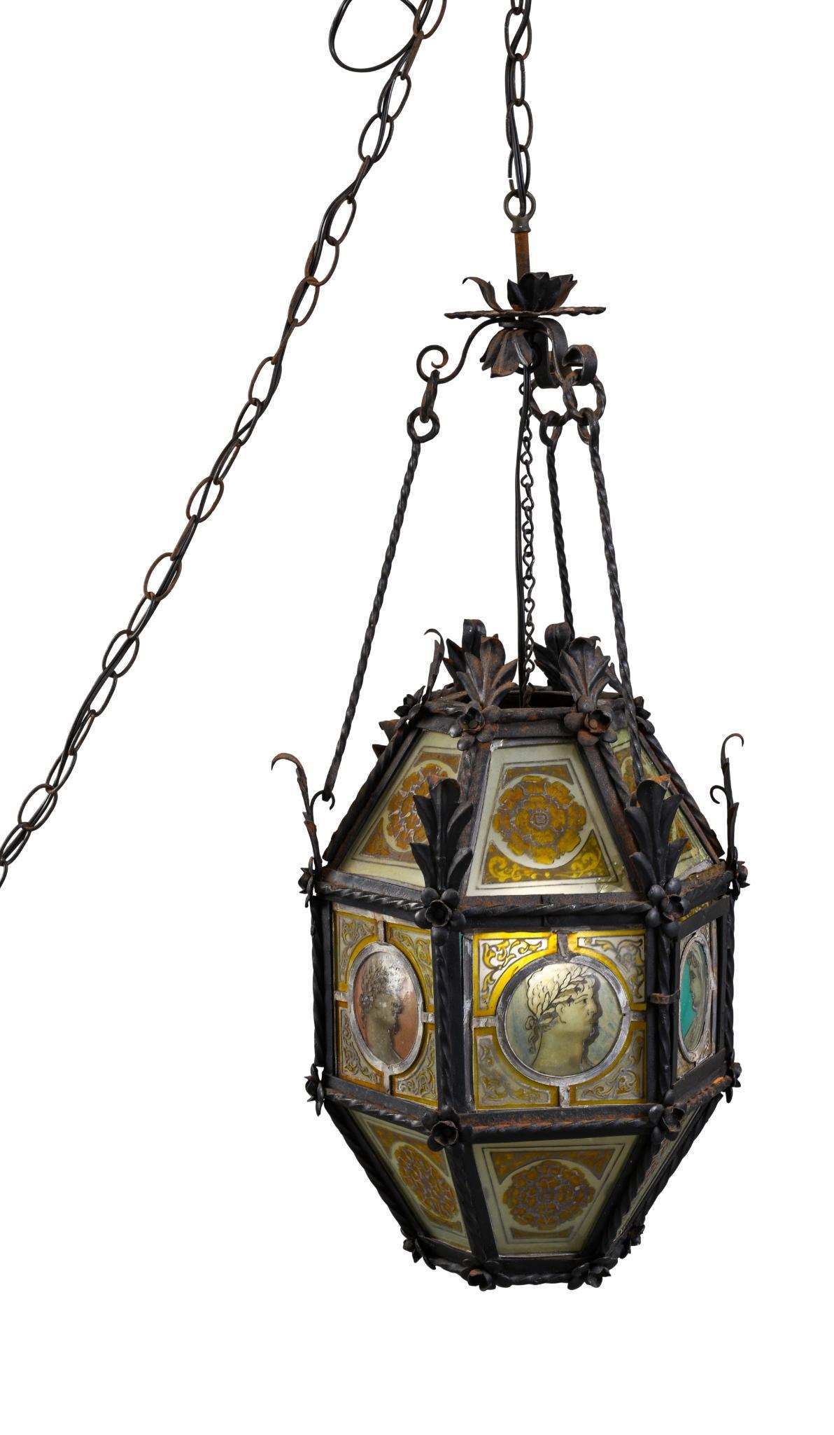 Italian Wrought Iron and Leaded Glass Hanging Lamp. (1 of 5)