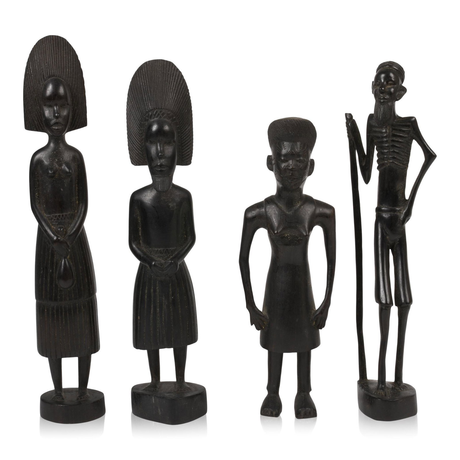 Four African Carved Wood Sculptures.: Heights 11, 12.5, 13 and 14 inches.