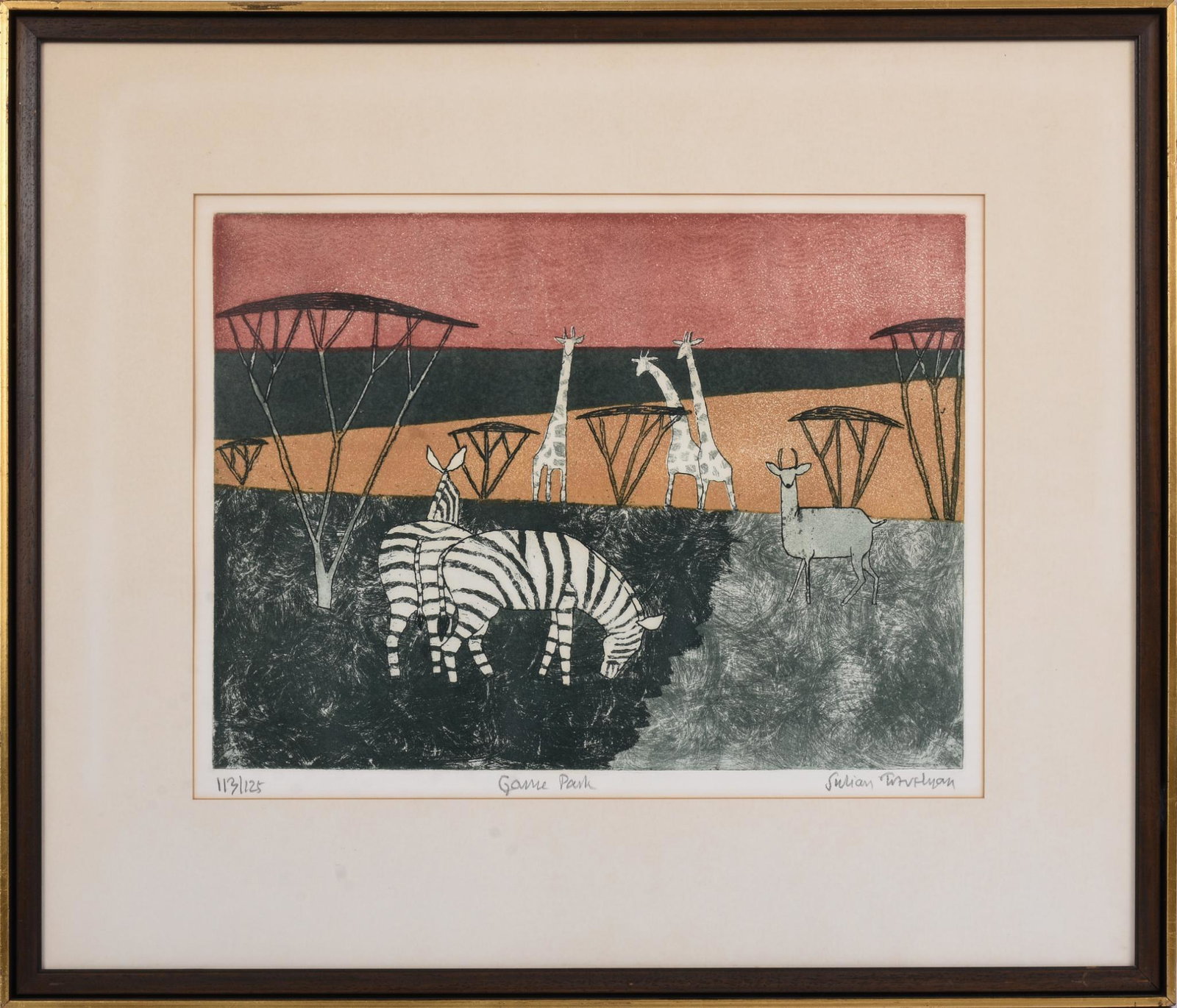 Handcolored Etching: Game Park.: Image 13.75 x 18.5 inches, pencil signed and numbered 113/125. Frame 25 x 29 inches.
