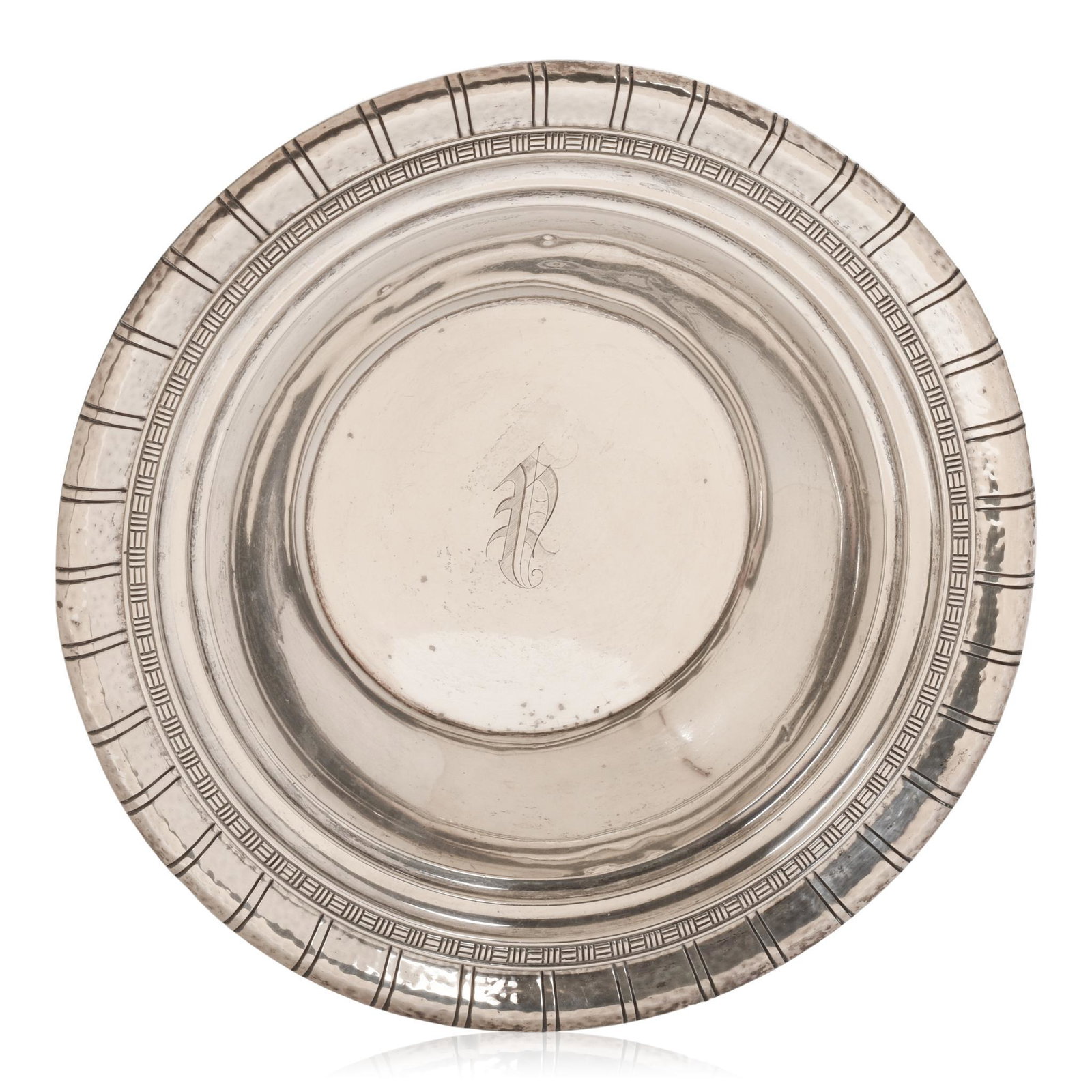 Sterling Silver Bowl With Hammered Rim.: Diameter 9.25 inches, 7.5 ounces.