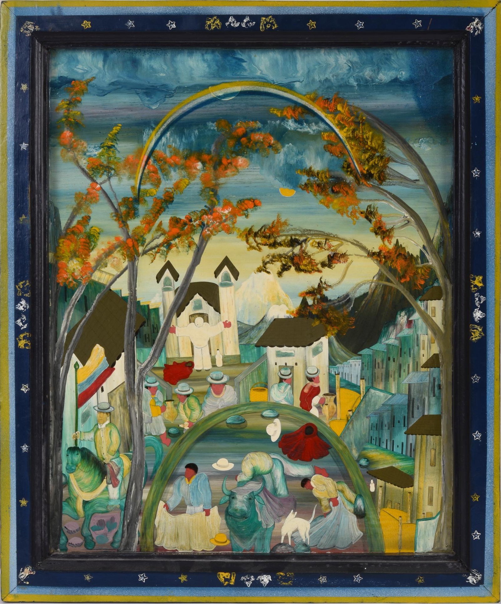 Ecuadorian Painting on Skin.: In a handpainted frame, 23.25 x 19.25 inches.