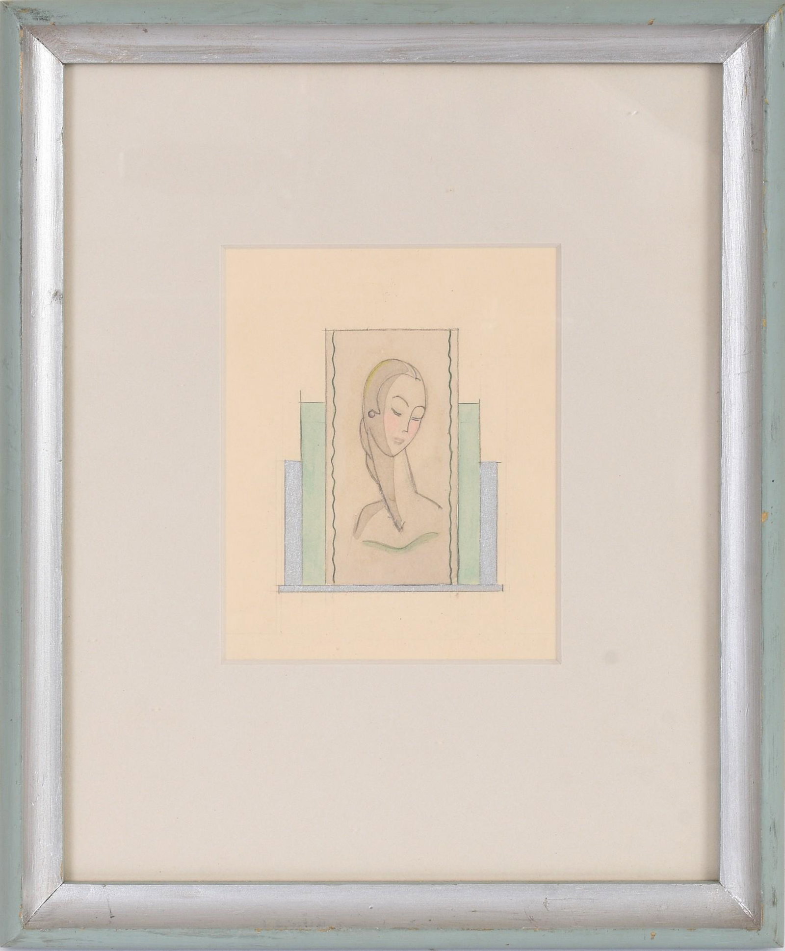 Doris Reynolds. Art Deco Illustration of a Woman.: Pencil and watercolor on paper, 5 x 4 inches, sight.