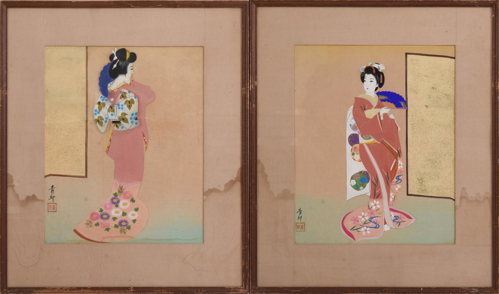 Pair of 1930's Chinese Decorative Prints: Each frame 23 x 19.5 inches.