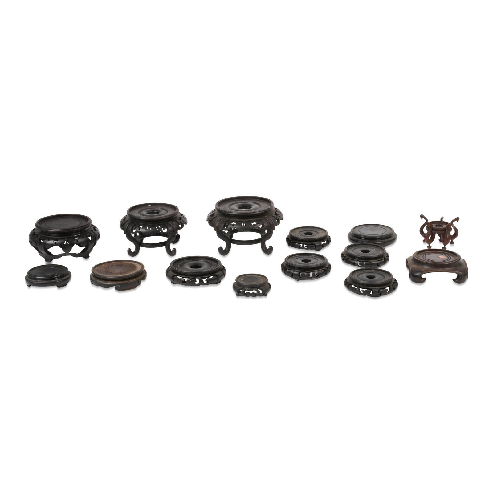 Fourteen Chinese Hardwood Stands.: Diameters 1.5 to 4 inches