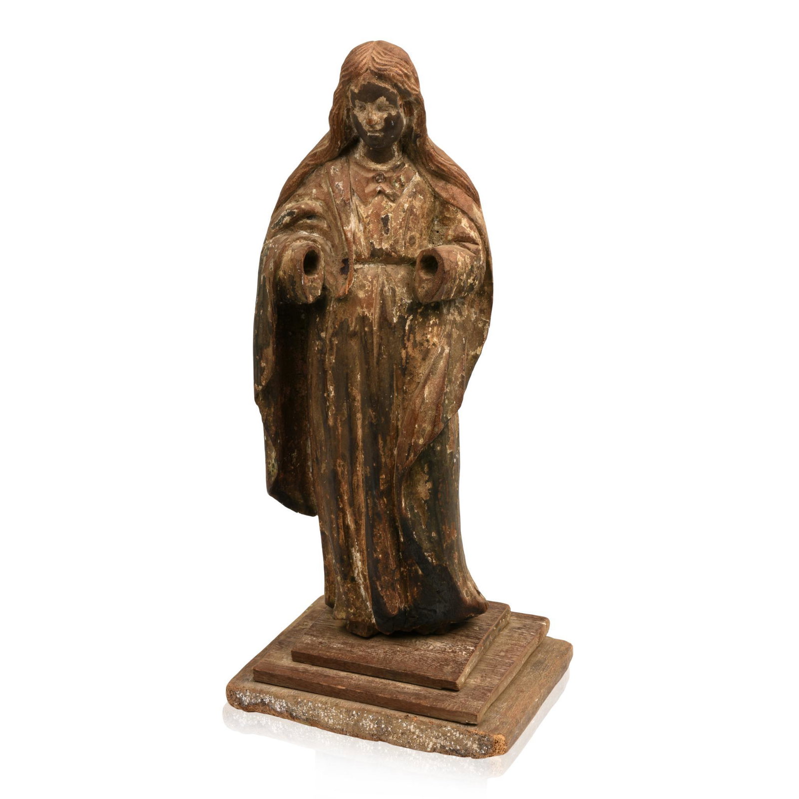 Polychrome Carved and Painted Santos Figure.: Height 15.5 inches, with partial label for Mexican National Museum.