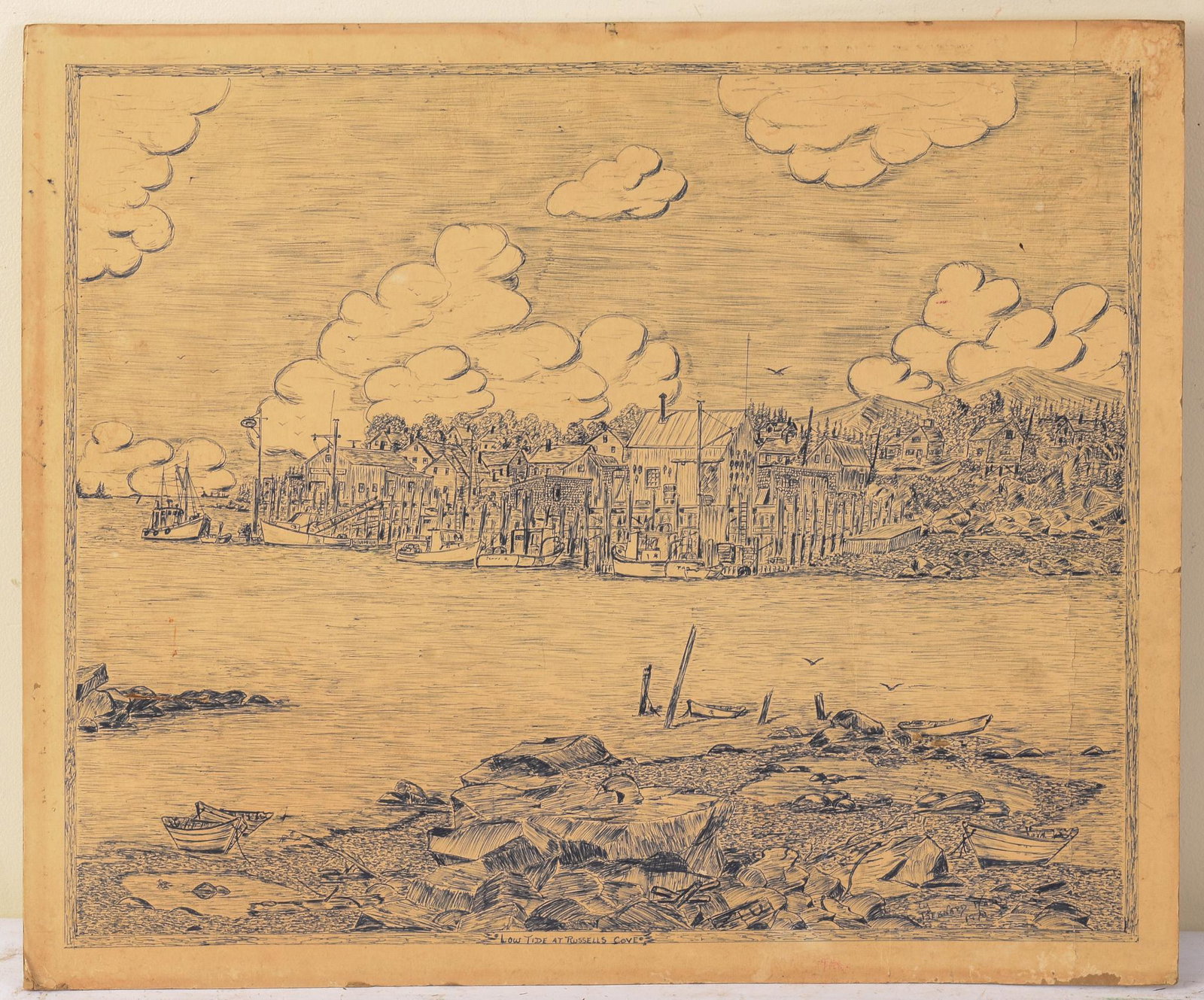 Bernard Hastings. Low Tide at Russell's Cove.: Pen and ink on paper, laid on board, 20 x 24 inches.