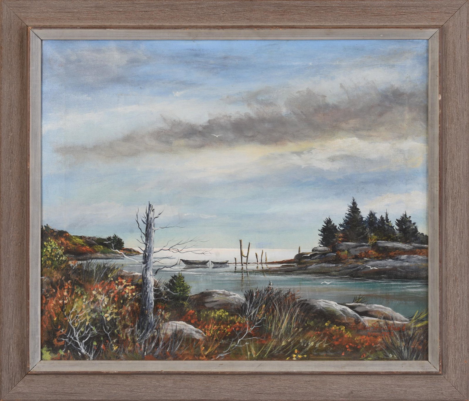 Maine Coastal Scene by C. Leon Strickland.: Oil on canvas, 20 x 24 inches, signed and dated 1975 lower right. Tear upper left.