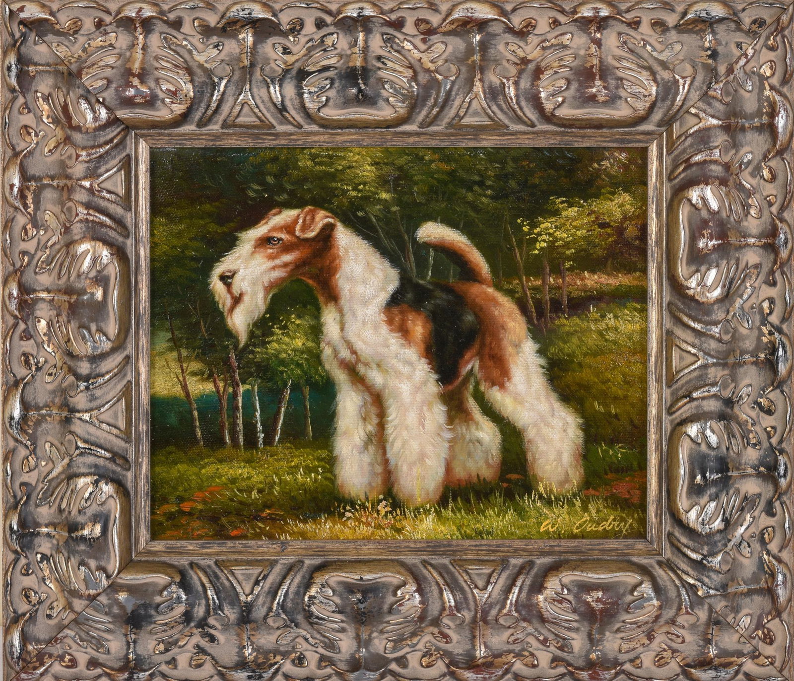 W Oudry. Portrait of a Schnauzer.: Oil on canvas, 8 x 10 inches. Framed, 13.5 x 15 inches.