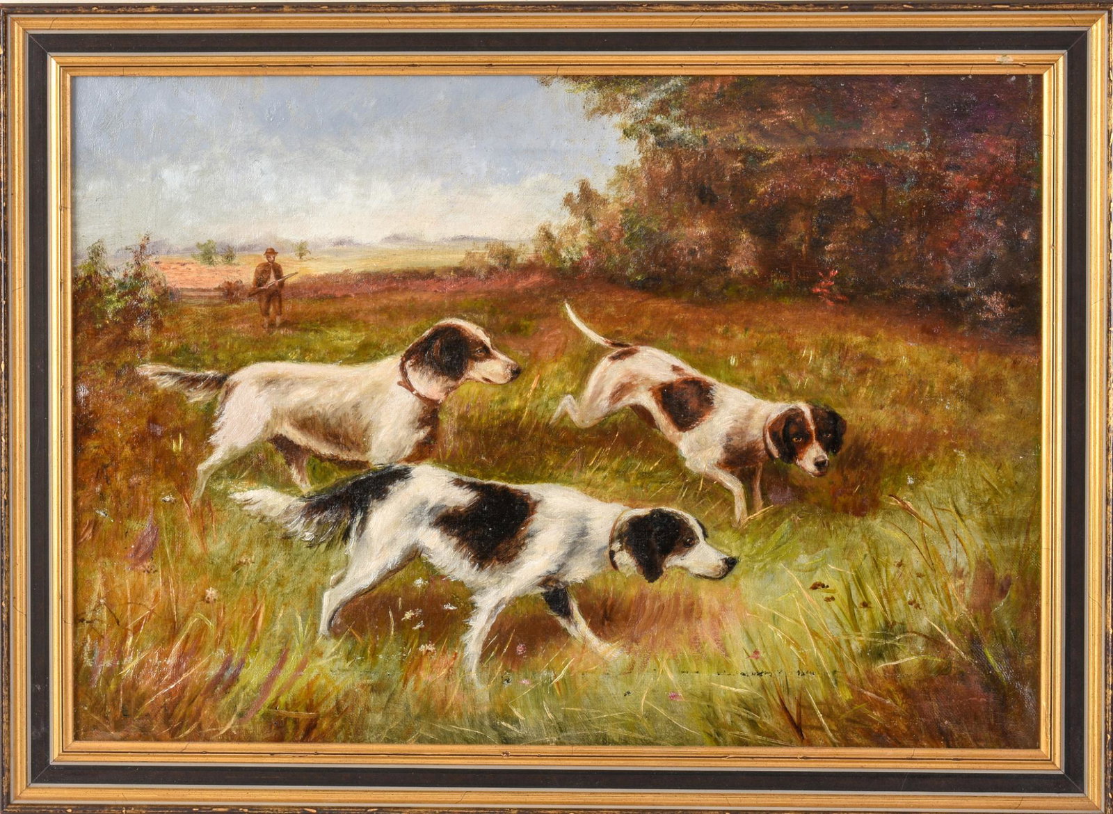 19th Century Painting of Three Pointers.: Oil on canvas, 14 x 20 inches, in a later frame.