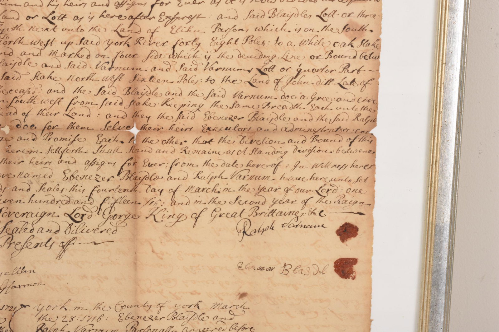 1715 York Maine Land Deed. Captain John Pickering Portsmouth.: Conveying land from Captain John Pickering to Ralph Varnum. 15 x 12 inches, framed.
