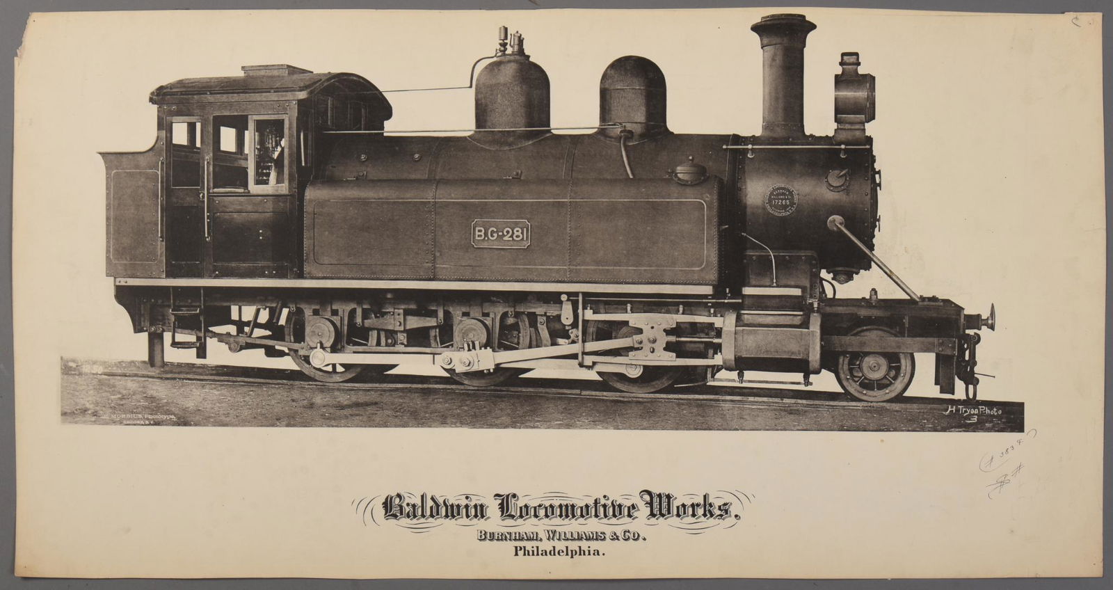 1899 Baldwin Locomotive Works Photograph.: 2-6-0 B-G (Bone-Guelma RR, Tunisia) Builder's Photograph, Dec 1899 on the builder's plate- 2 sided, another locomotive printed on back. 16 x 30.5 inches.