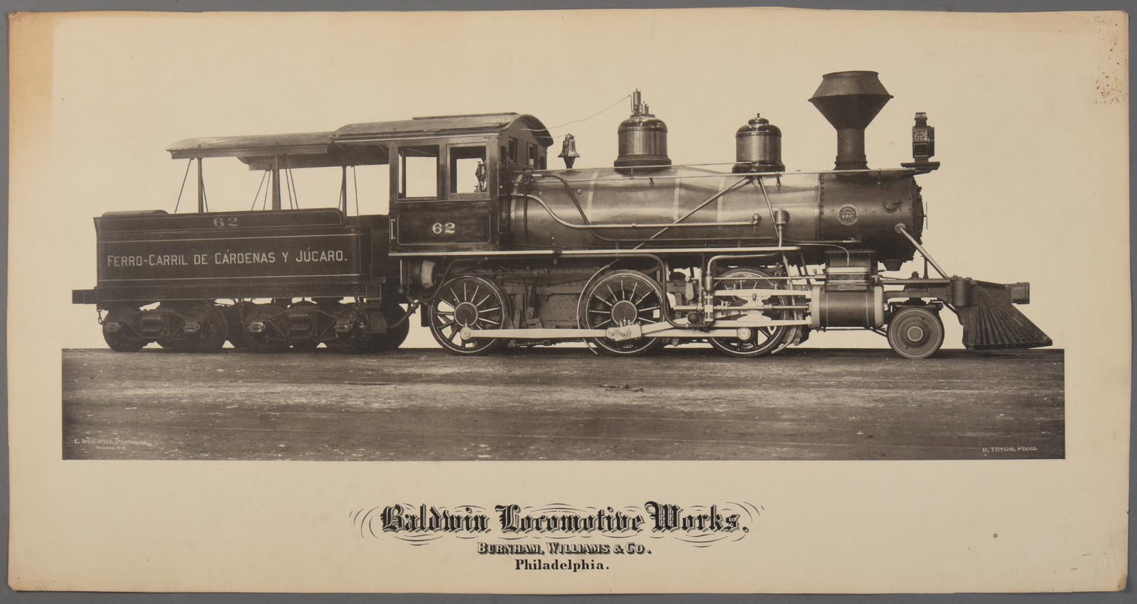 1897 Baldwin Locomotive Works Print.: 2-4-2 #62, Ferro-Carrril De Cardenas Y Jucaro, â€œ21237, September, 1897” on builder's plate. 16 x 30.5 inches.