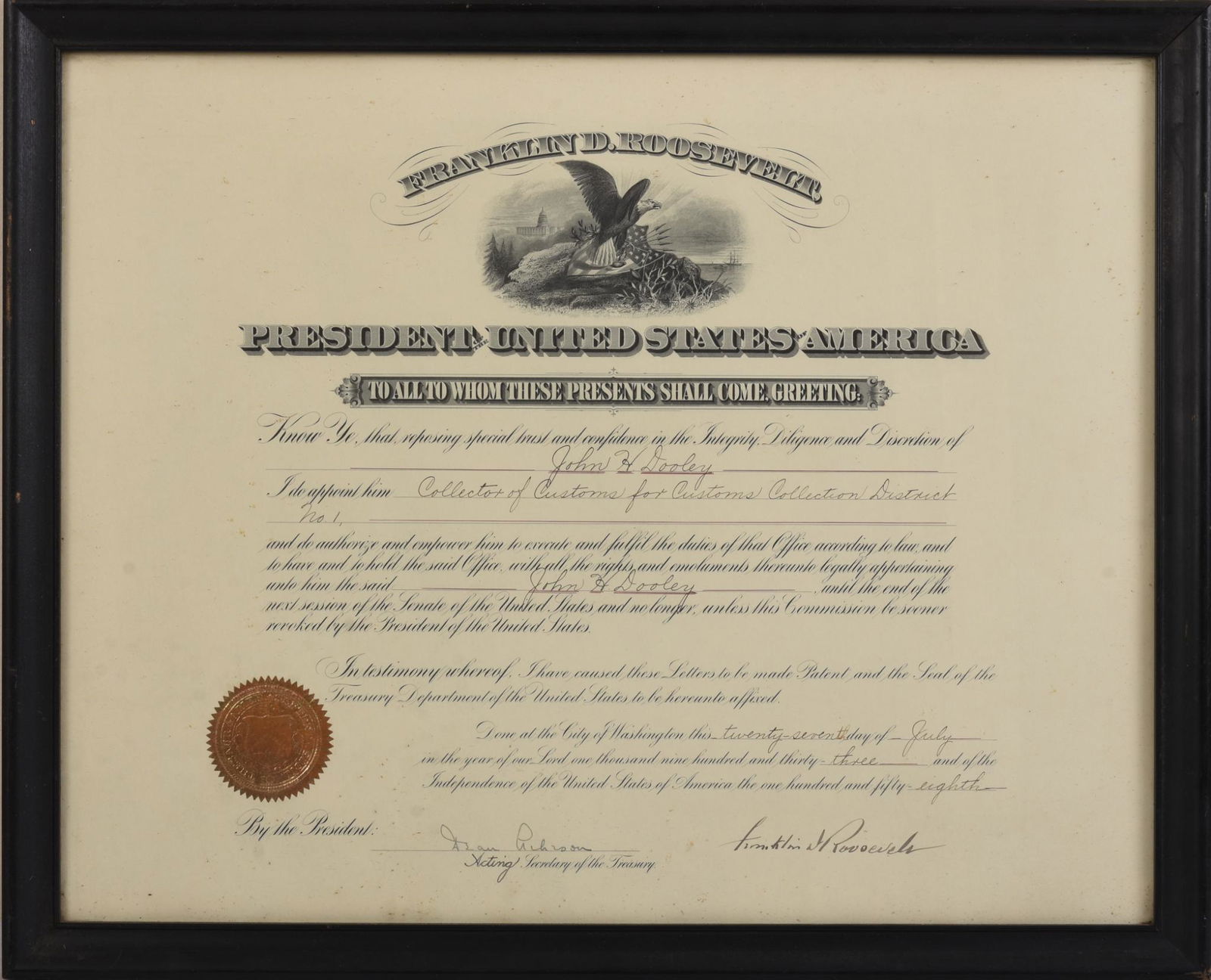 1933 FDR Signed Presidential Appointment. (1 of 2)