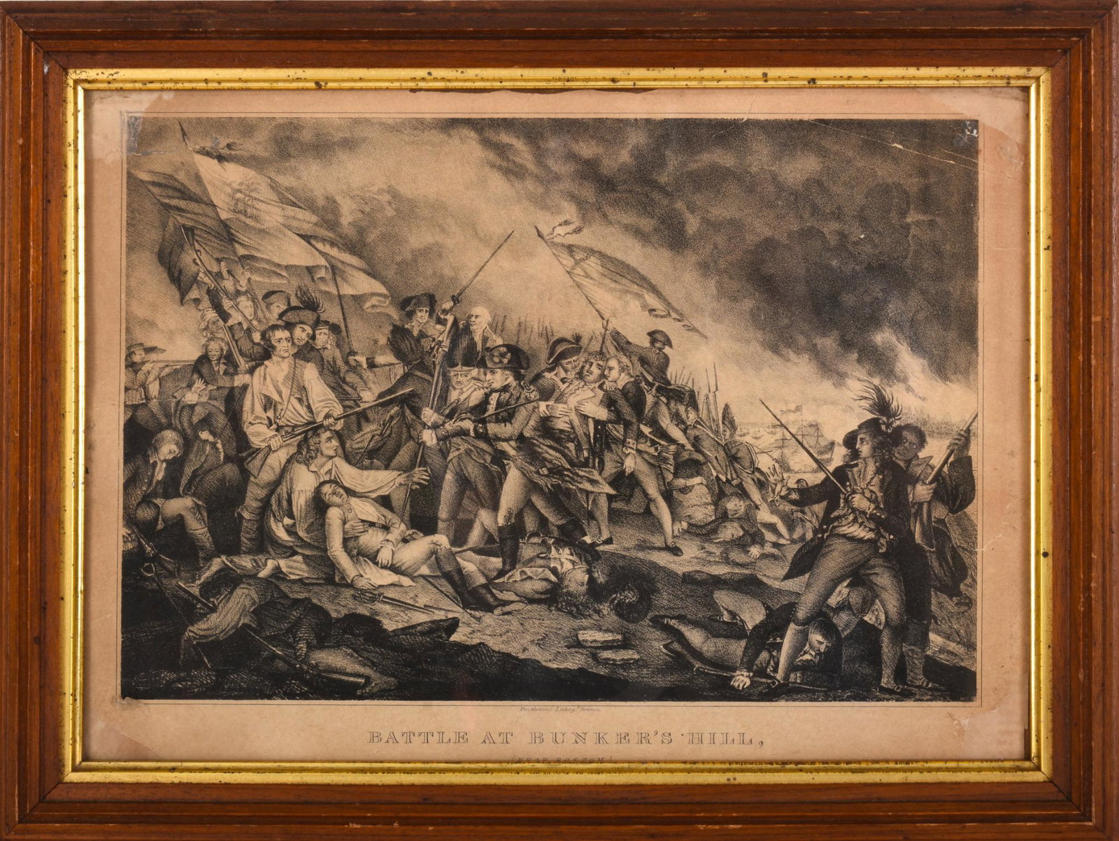 1838 Battle at Bunker's Hill Framed Lithograph: Pendelton's Litho, Boston, image 8.5 x 12.25 inches, frame 12.5 x 16.25 inches.