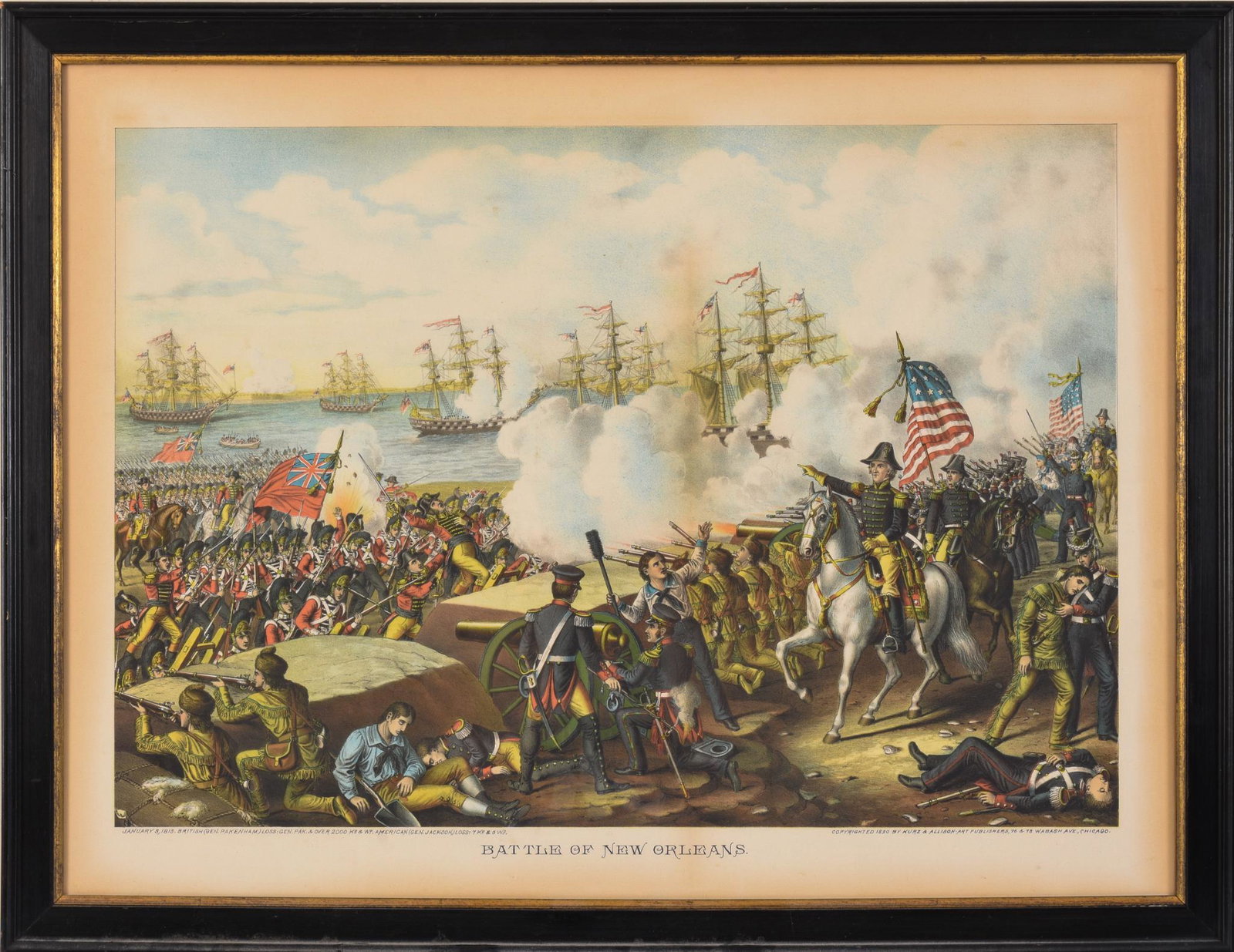 Kurz & Allison Battle of New Orleans Lithograph.: Sheet 21 x 28 inches. Framed, 24 x 30.5 inches.