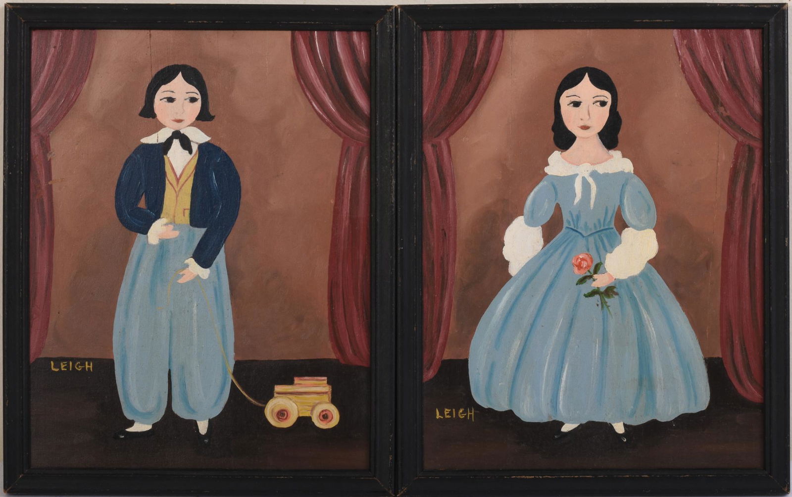Pair of Primitive Folk Art Portraits, Early 20th Century. (1 of 2)