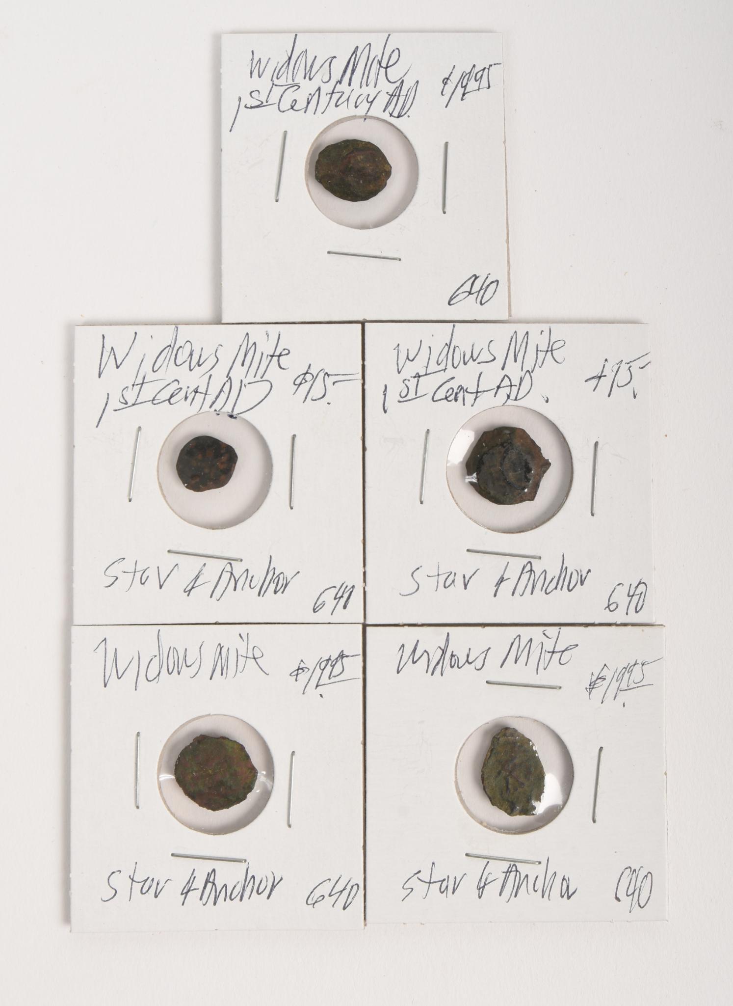 Five Early Widow's Mite Coins.: Mounted in display cards.