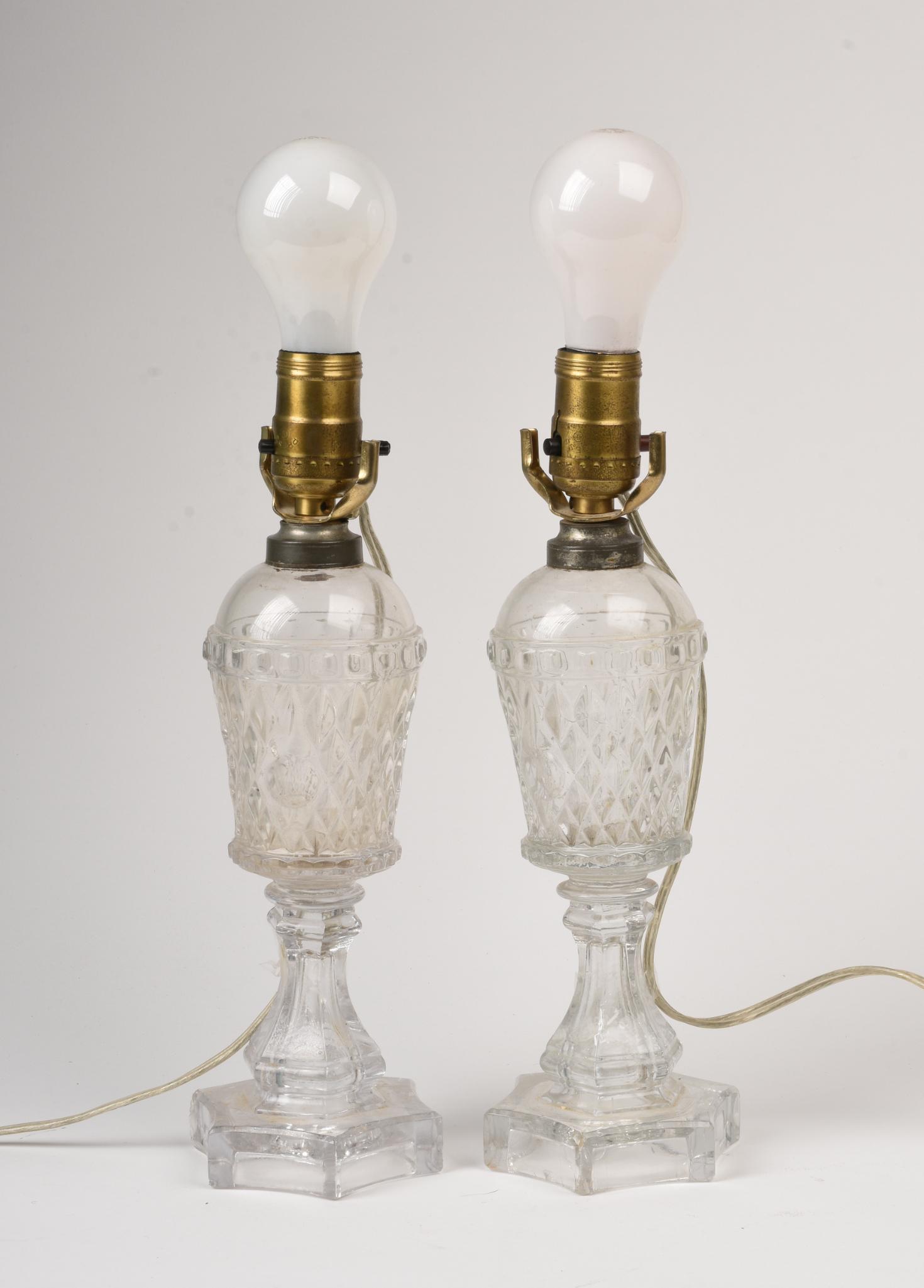 Pair of Sandwich Glass Whale Oil Lamps: Height to top of lamp 10 inches, now fitted for electricity.