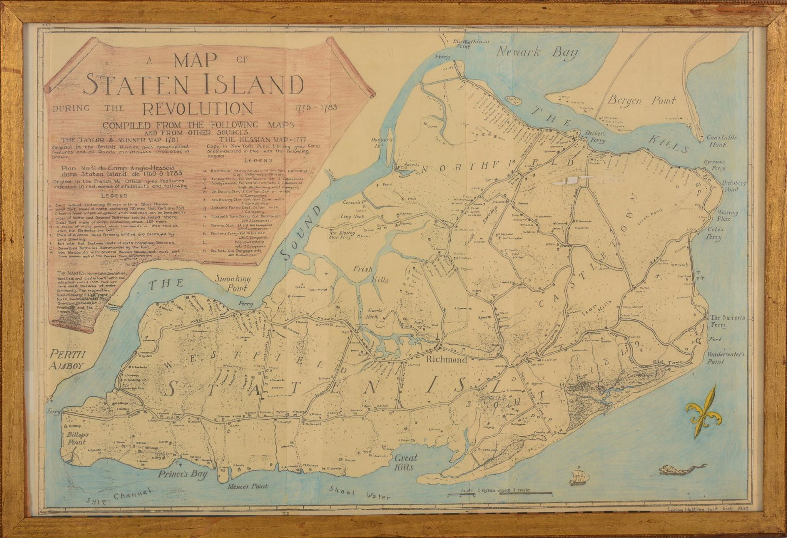 Map of Staten Island During The Revolution.: Loring McMillen, April 1933, 14 x 20.5 inches, framed.