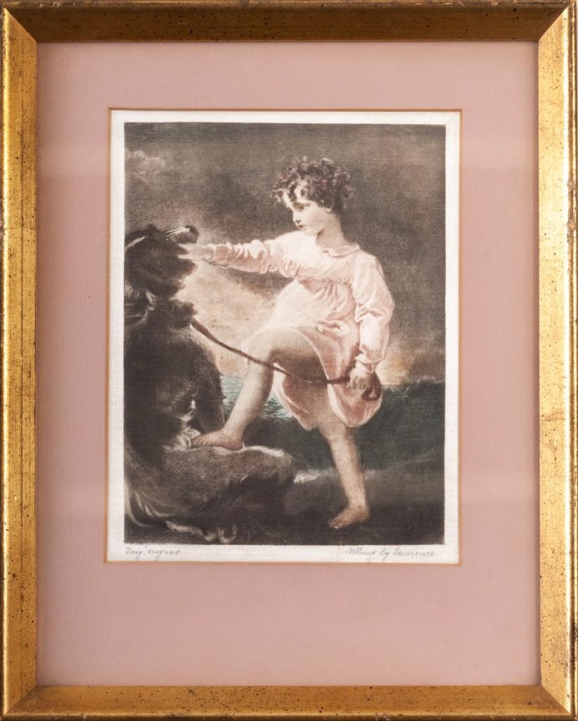 French Print on Silk of a Girl and Her Dog.: French, a girl and her dog printed on silk, signed lower right 15 x 12 inches.