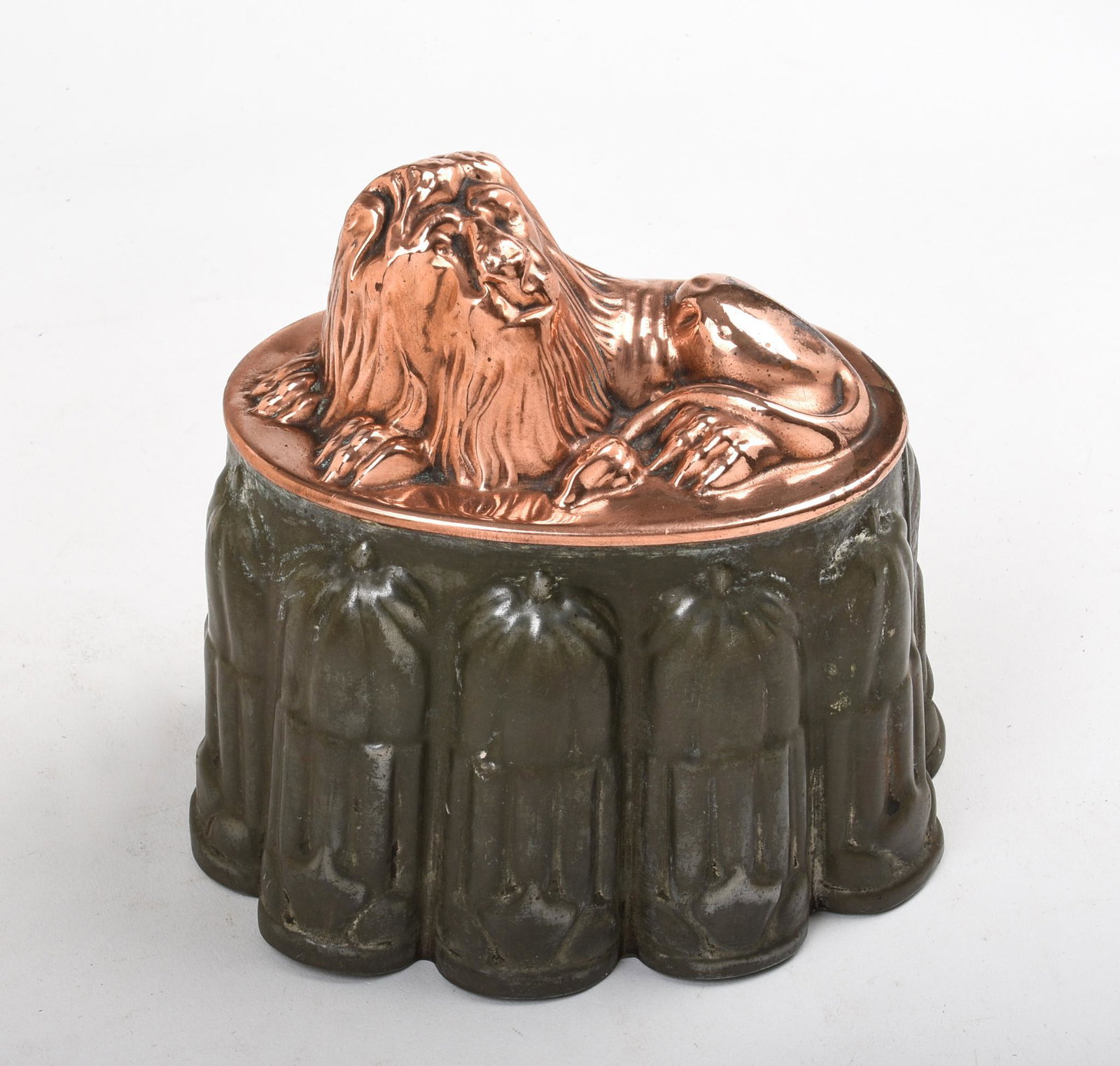 English Copper and Tin Oval Lion Mould.: Circa 1900, height 7.5 inches, width 6 inches.