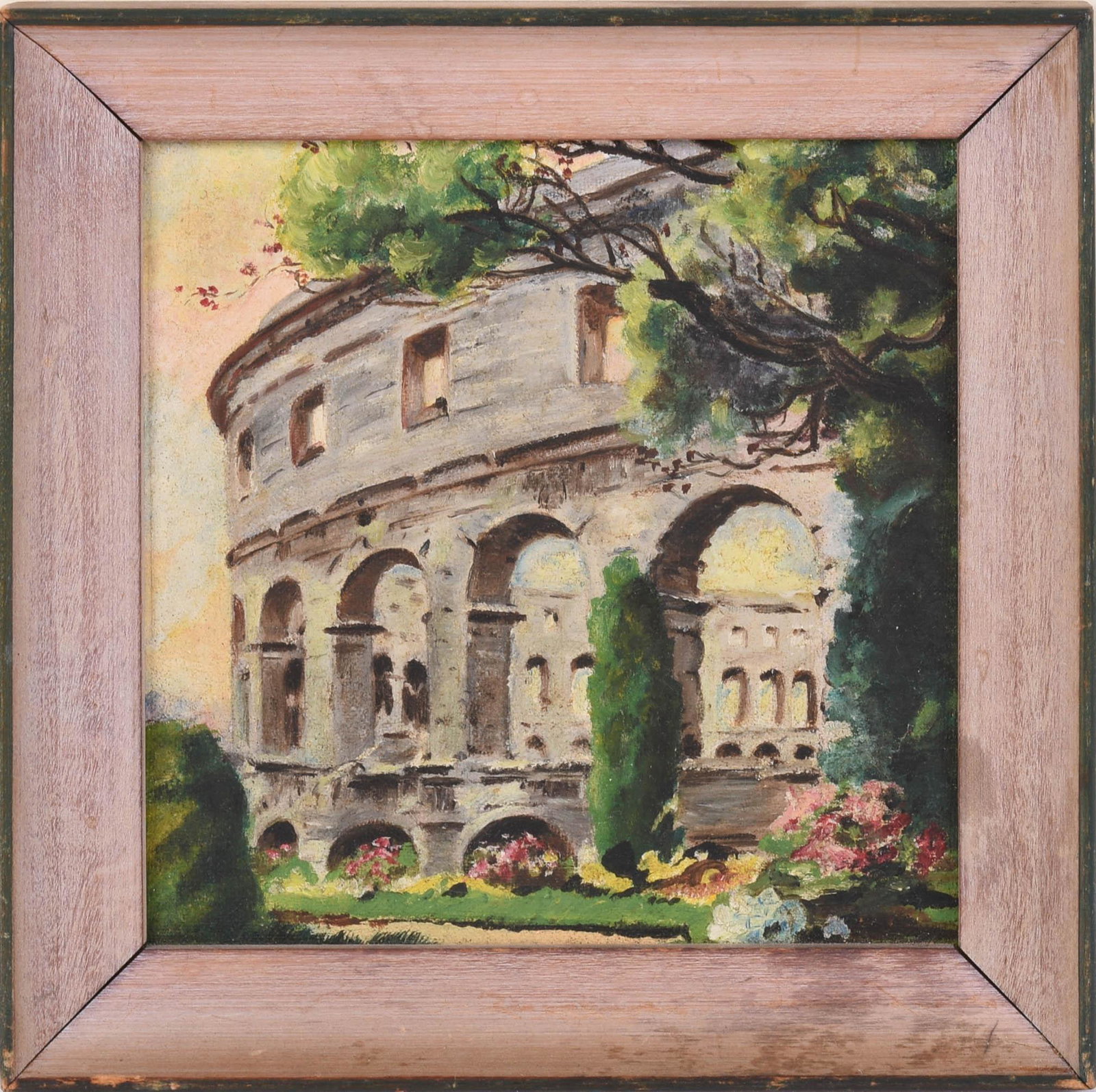 Small Continental Painting of a Roman Ruin.: Oil on board, early 20th century, 6.5 x 6.5 inches.