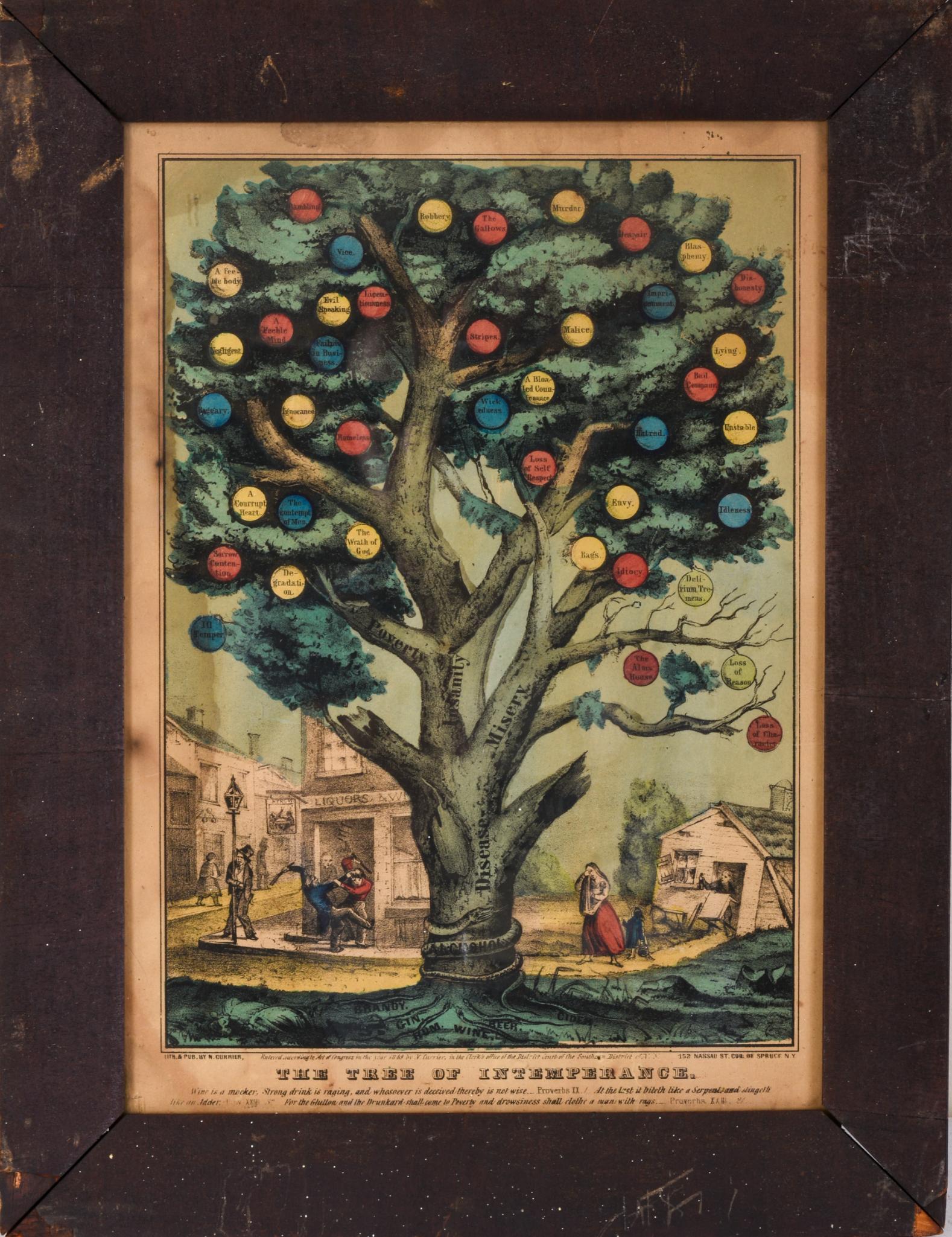 Nathaniel Currier The Tree of Intemperance: Image 12 x 8.5 inches, frame 17 x 13 inches.