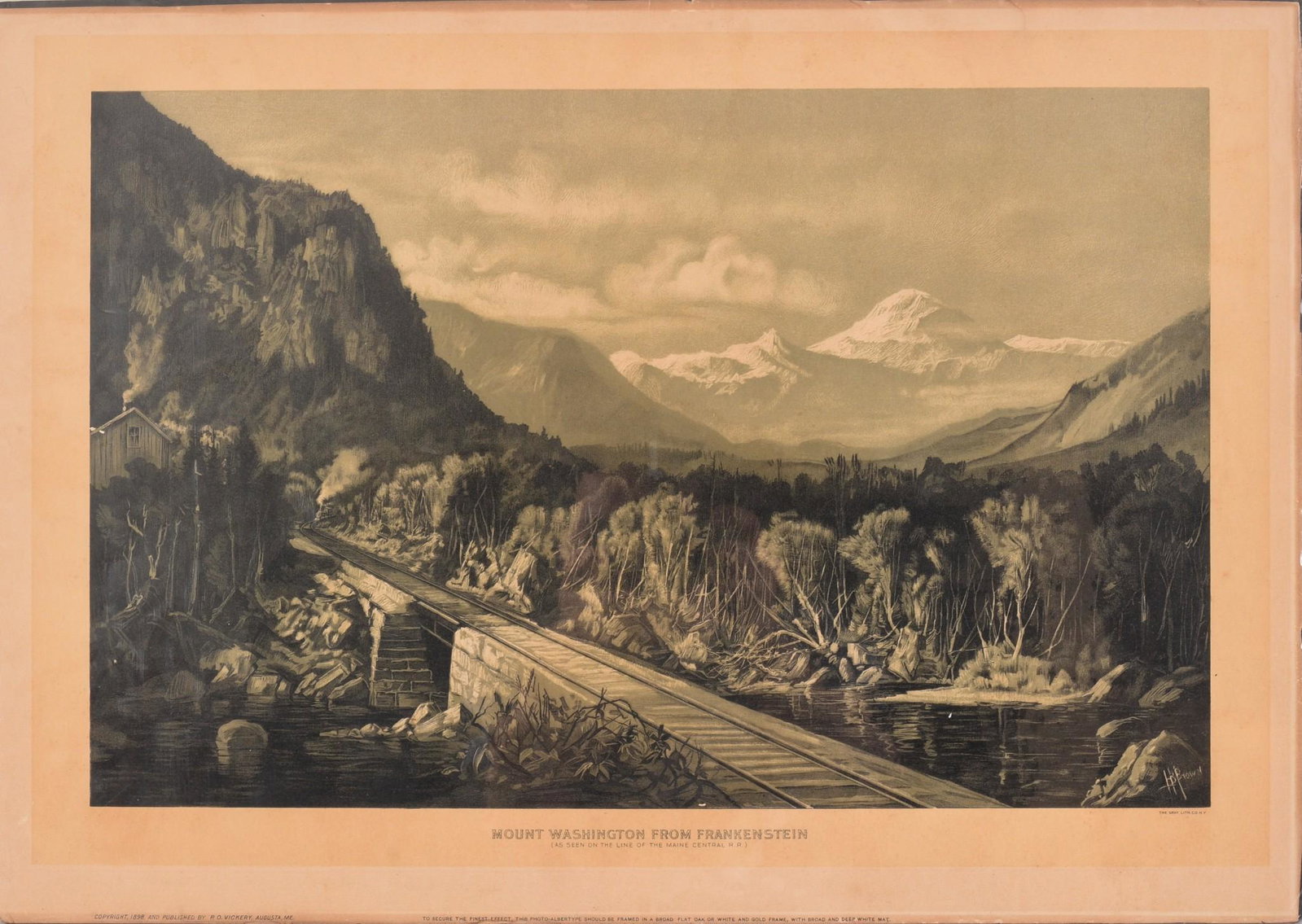 Lithograph, Mount Washington From Frankenstein.: By The Gray Litho Co, New York, published by P.O. Vickery, Augusta, Maine. 16 x 23 inches.