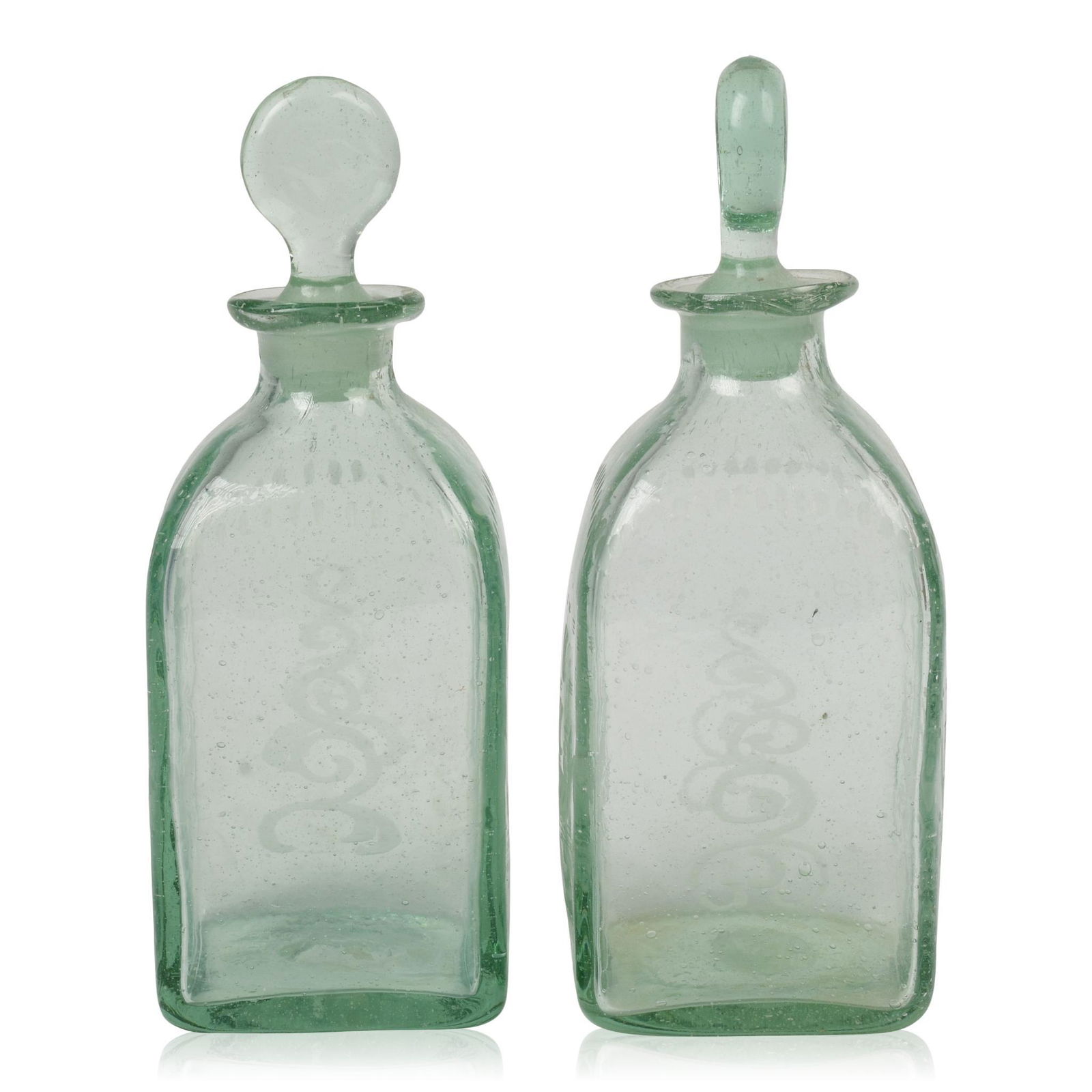 Pair of Continental Etched Green Glass Bottles & Stoppers (1 of 3)