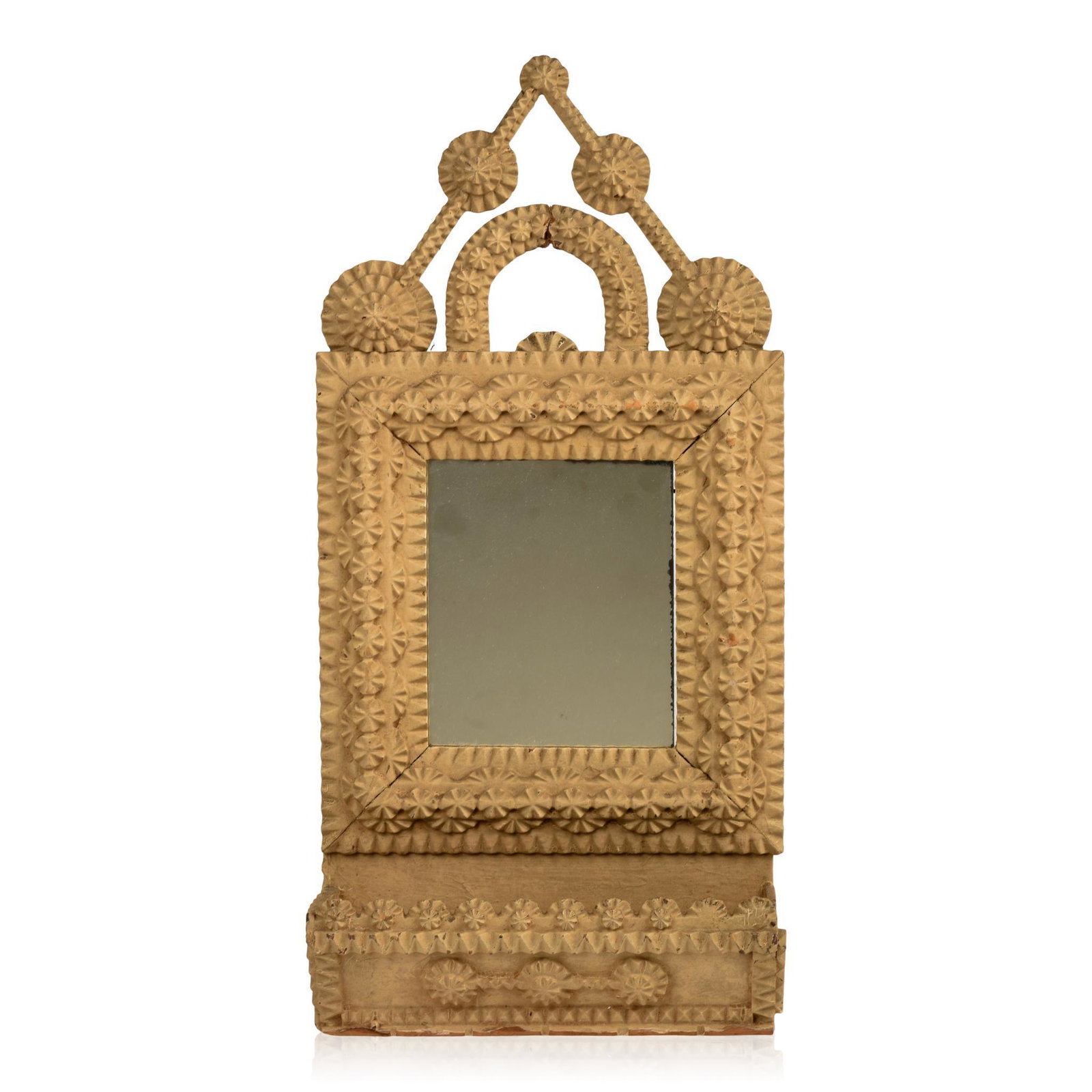 Tramp Art Mirror & Comb Box in White Paint.: 22 x 10.5 inches. Replaced mirror glass.