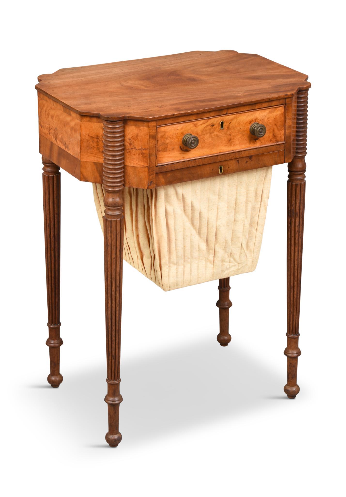 American Sheraton Mahogany With Flame Birch Veneer One Drawer Bag Stand.: Height 28 inches, top 21 x 15.75 inches.