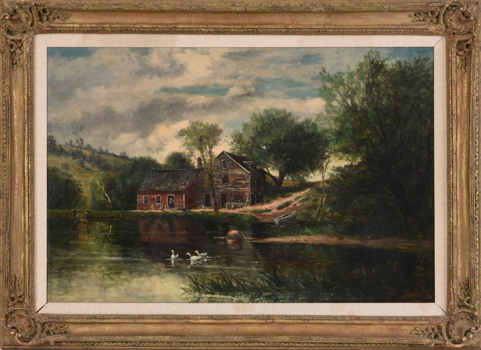 Frank Henry Shapleigh. Farm Scene WIth Ducks.: Oil on canvas, 19.5 x 29.75 inches, signed and dated 1886 lower right.