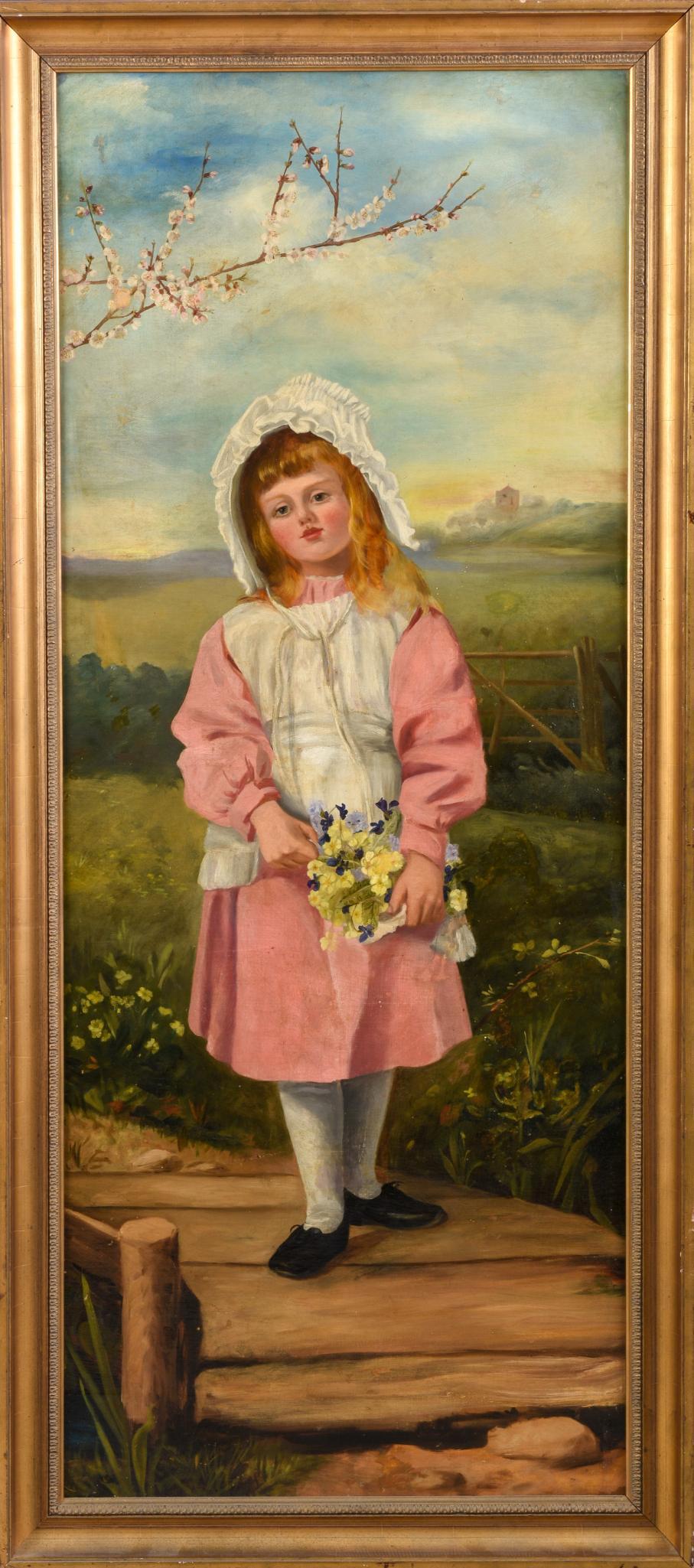 Large Portrait of a Girl With Apple Blossoms.: Oil on canvas, 60 x 24 inches. American, early 20th century, in a later gilt frame. Loss to one edge of frame.