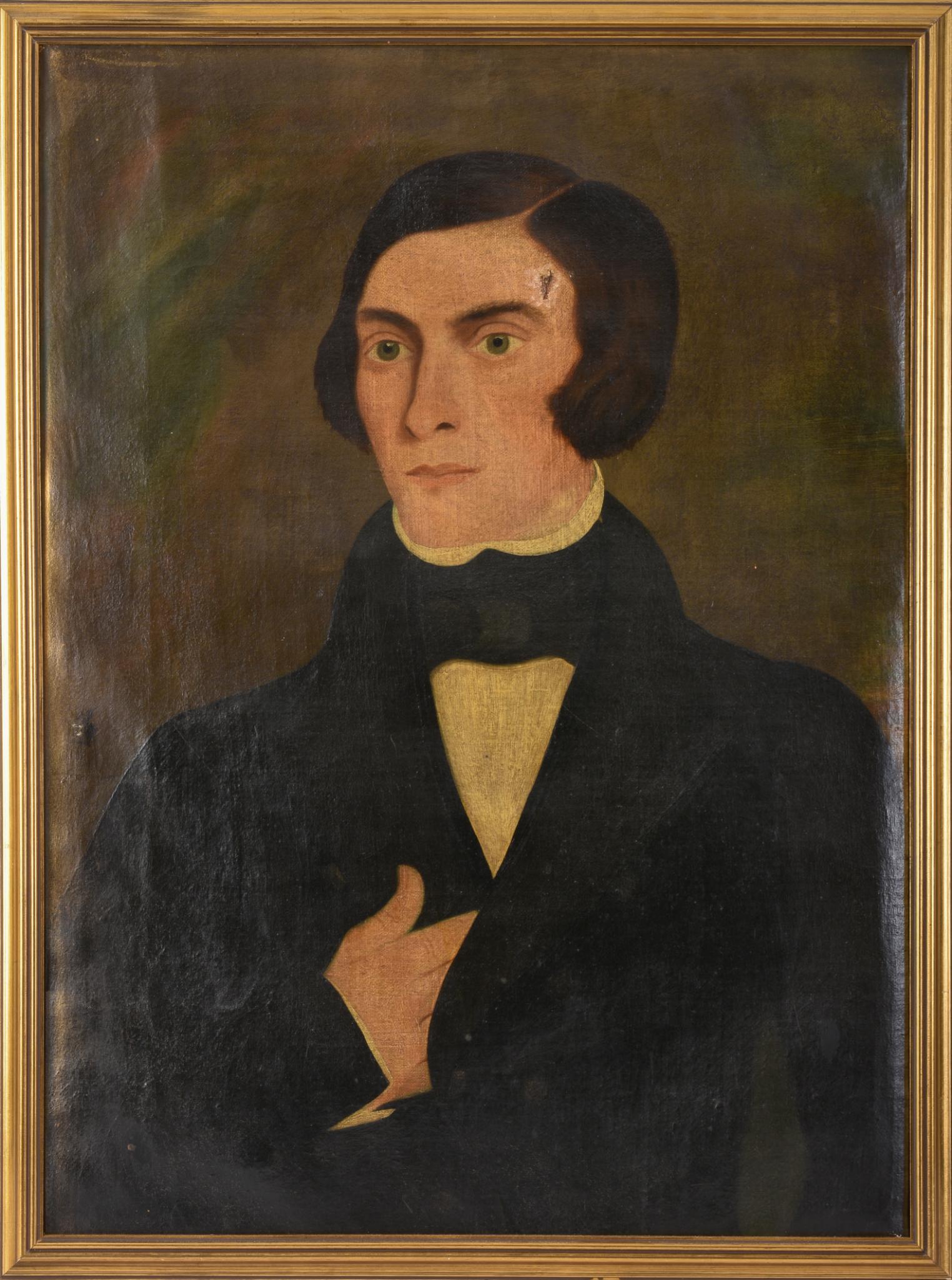 19th Century Portrait of a Man.: Oil on canvas, 27 x 19.5 inches. Stretched on a new stretcher, contemporary frame. Hole to temple, overall varnish discoloration.