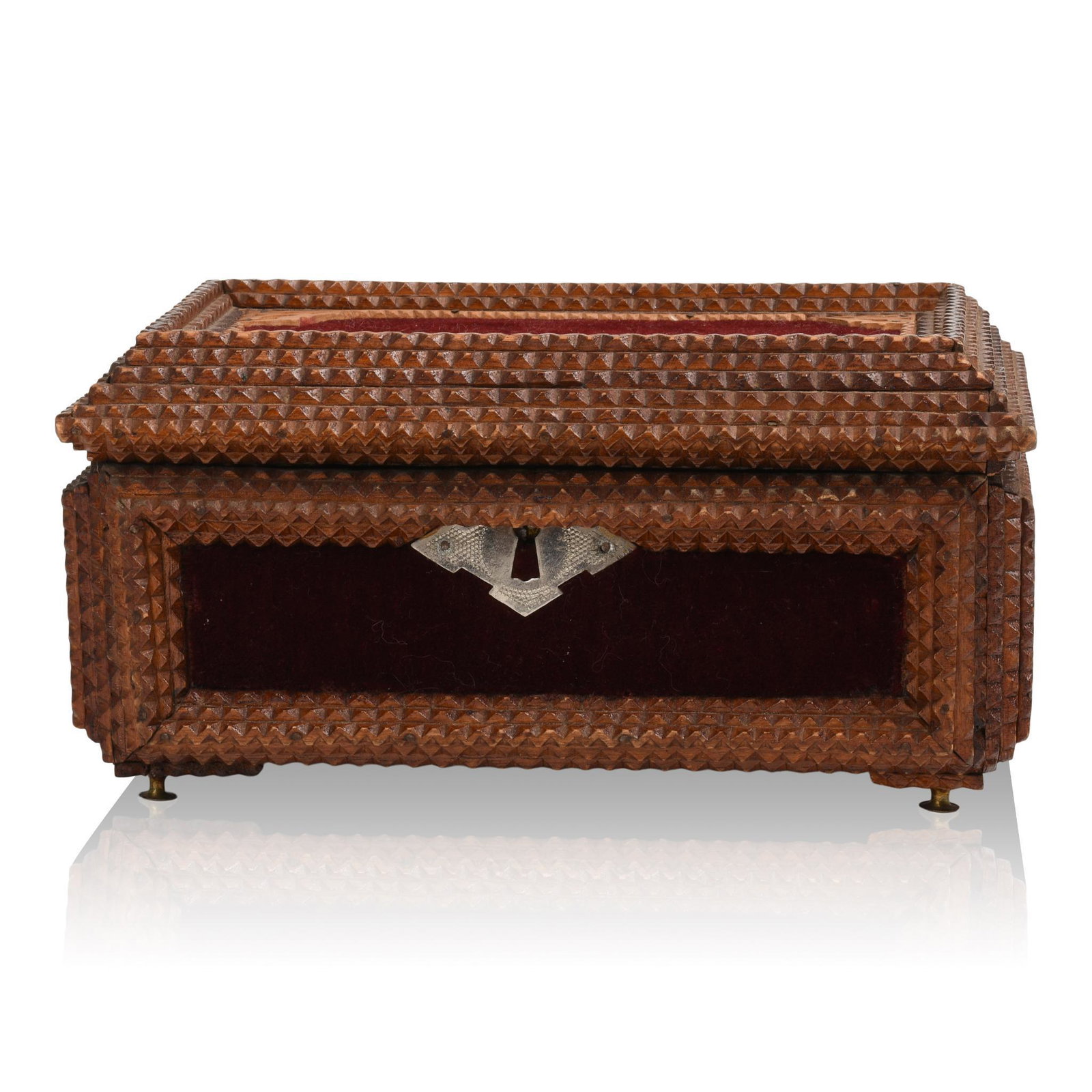 Small Tramp Art Lidded Box.: The inside with mirror and two cut roosters, 9.5 x 5.5 x 5 inches.