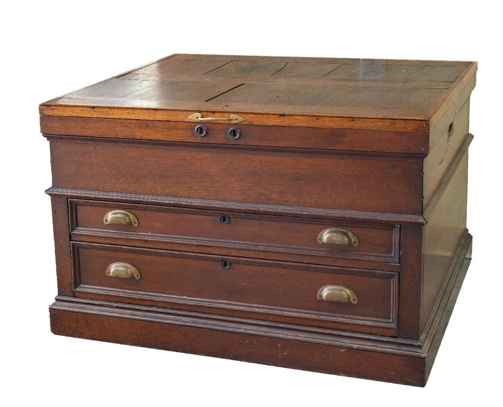 Two Drawer Mahogany Chart Cabinet.: Height 26 inches, width 39 inches, depth 33 inches. The top opening to a compartment. This item is not eligible for in-house shipping. If shipping is requested, it will be transferred to our third par