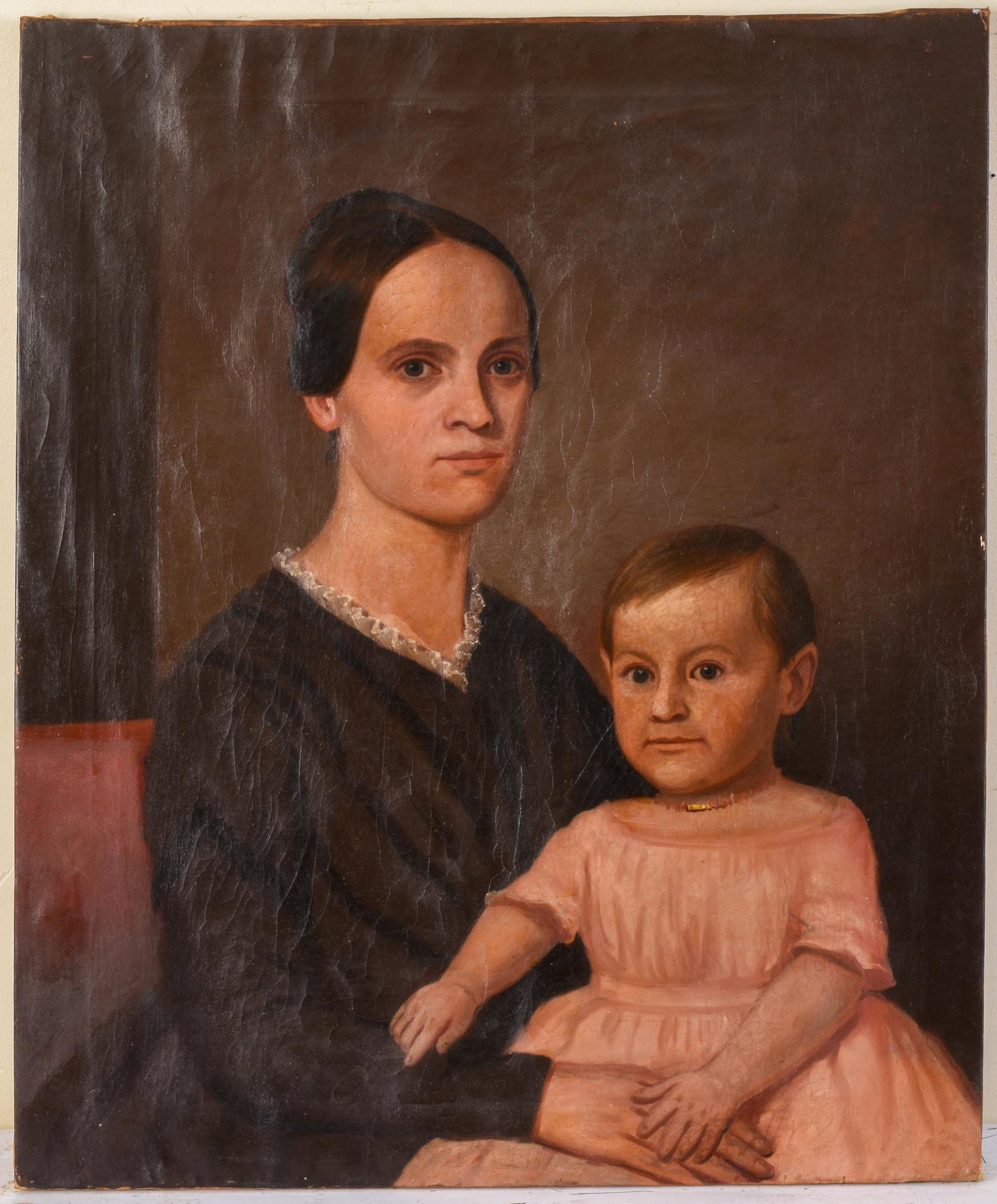 American Folk Portrait of a Woman and Child.: Oil on canvas, 30 x 24.5 inches. Untouched condition.