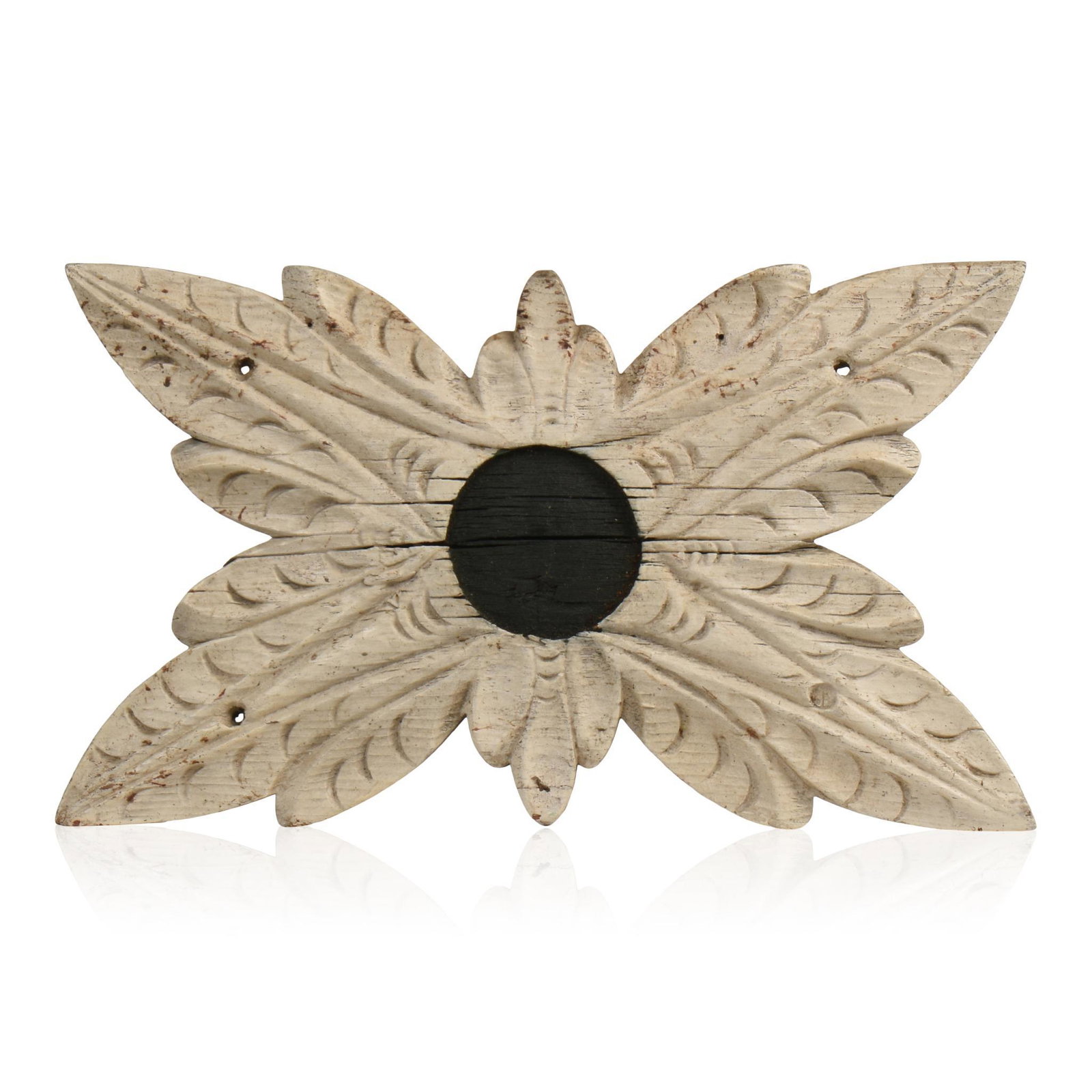 New England Carved & Painted Architectural Element.: 20.5 x 12 inches, in the form of a flower, in white paint with black center.