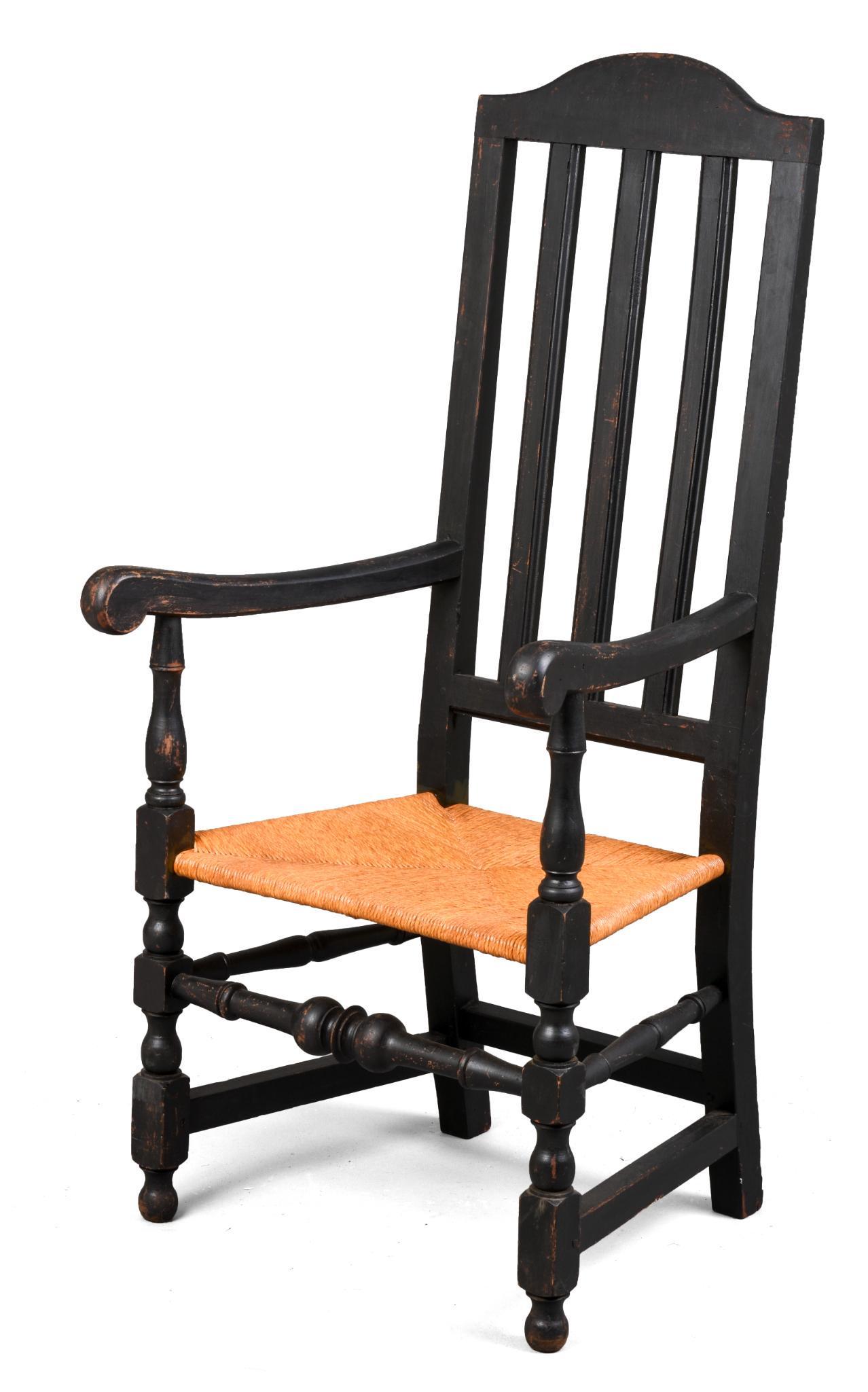 Large and Important Connecticut Arm Chair.: Seat height 18.5 inches, overall height 55.75 inches, width across arms 25.5 inches. This chair is one of a pair once owned by the Stanley Family of Hartford. Its mate is in the collection of the Conn