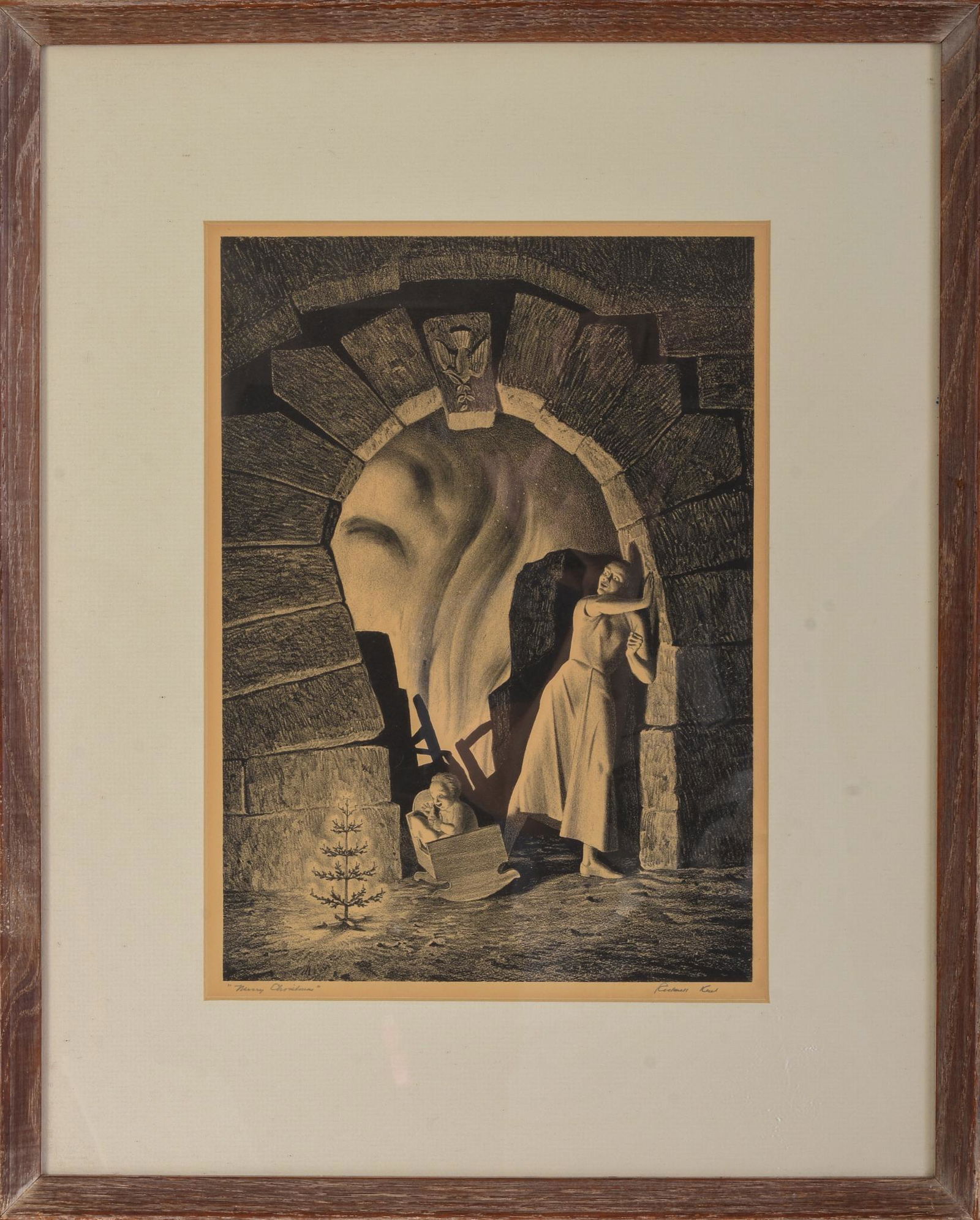 Rockwell Kent. Merry Christmas.: Lithograph on paper, printed by Burr Miller. Pencil signed and titled, image 13 x 9.25 inches. Not examined out of frame.