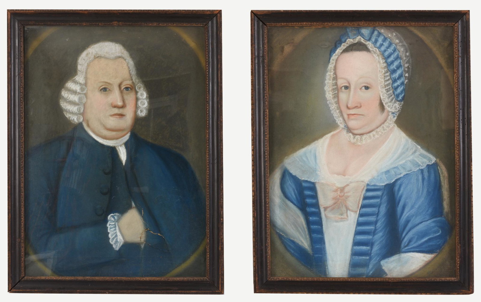Portraits of a Husband and Wife, Attr. Benjamin Blyth.: Each pastel on paper, 24 x 18 inches. In period, possibly original frames. Tears lower right on gentleman, and upper left on woman. Provenance: Pook & Pook, The Collection of Dr. & Mrs. George Wolfe 0