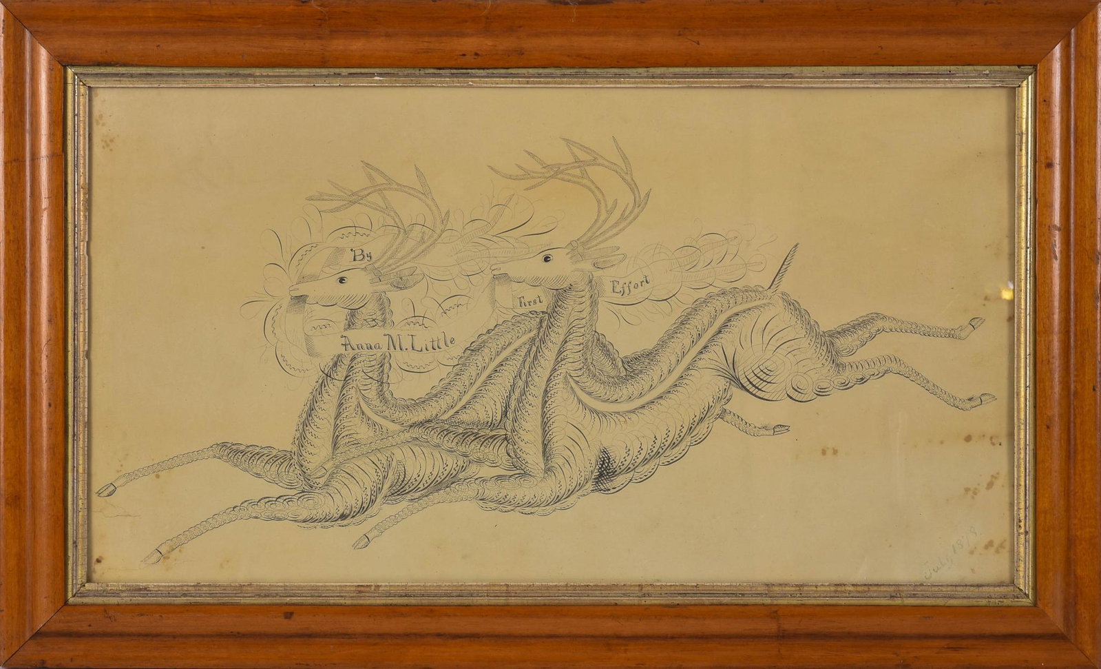 Calligraphy Illustration of Two Stags.: Inscribed 'By Anna M. Little / First Effort.' Pen and ink on paper, 14.5 x 25.5 inches.