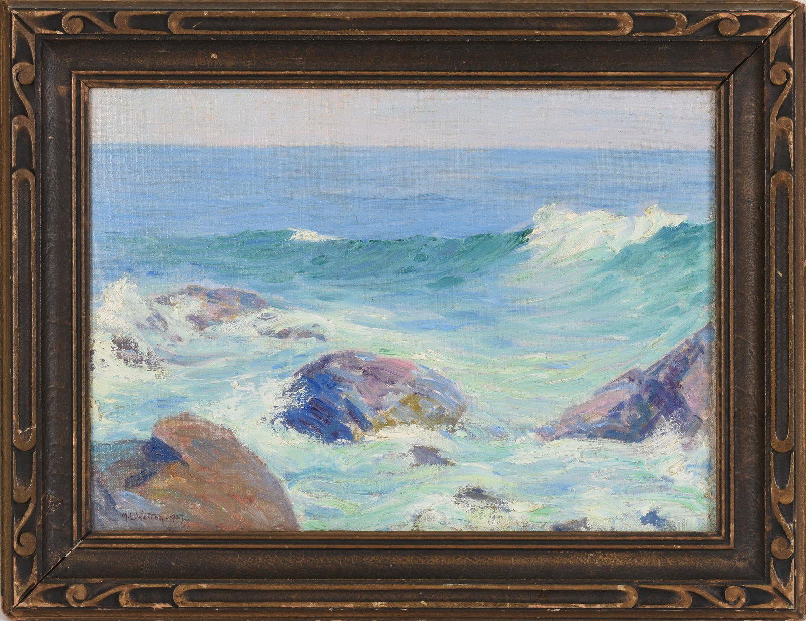 Mary L. Weston Breaking Waves: Oil on board, 10 x 14.5 inches, signed and dated 1927 lower left, multiple labels on back, one stating that she was a pupil of Charles Woodbury, original hand carved frame.