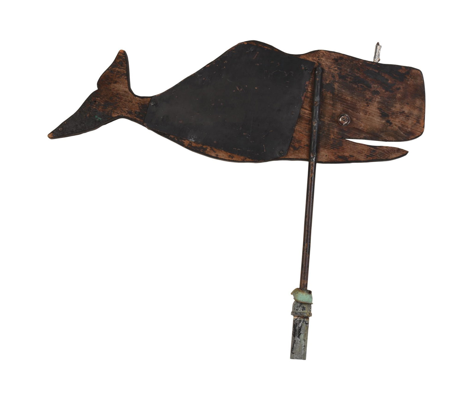 Wood and Metal Folk Art Whale Weathervane.: Length 40 inches. Height including mounting rod 35 inches.