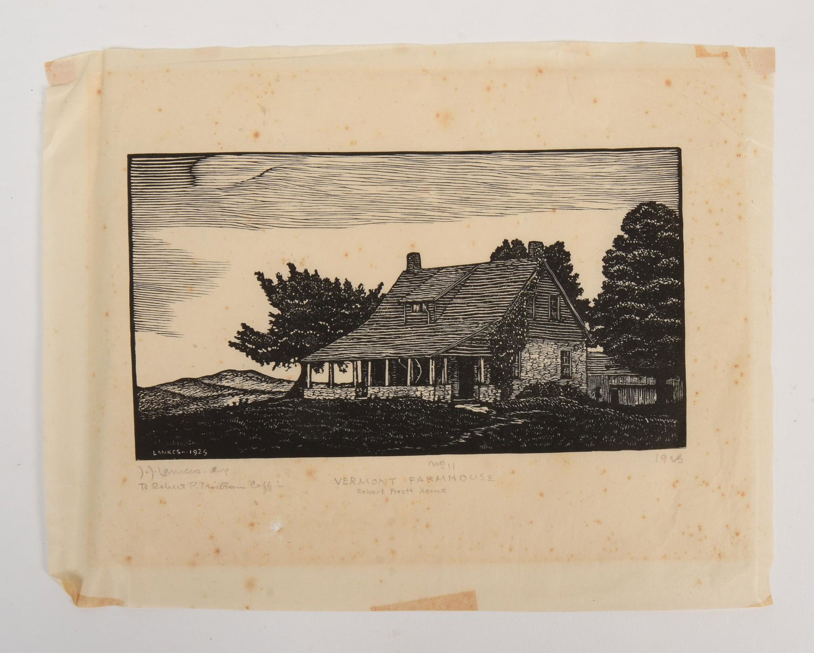 J.J. Lankes. Vermont Farmhouse, Robert Frost Home.: Woodcut on paper, image 5.25 x 9.5 inches. Pencil signed, numbered and titled, dedicated to Robert P. Tristam Coffin, 1925. Robert Peter Tristram Coffin (March 18, 1892 â€“ January 20, 1955) was