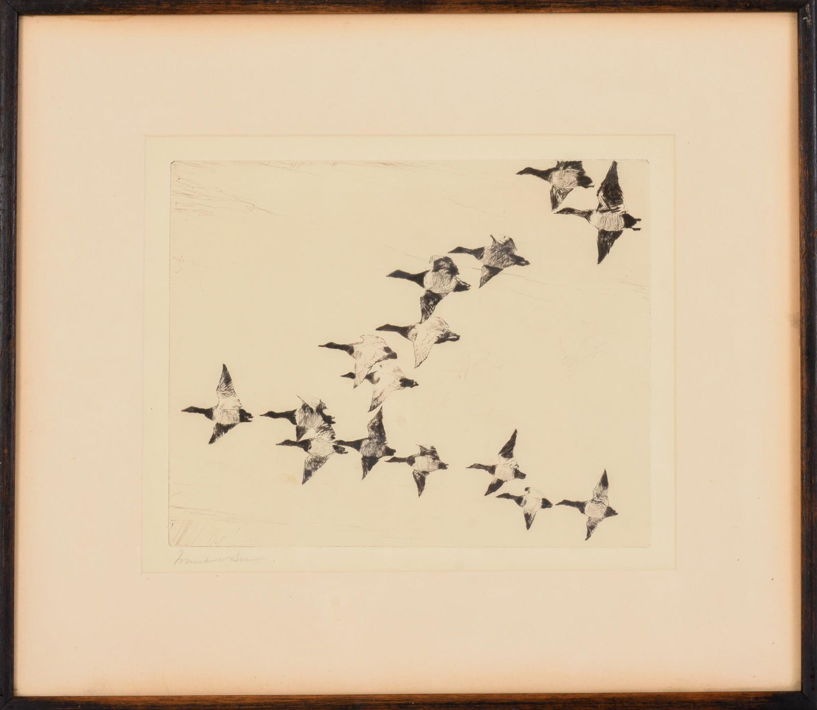 Frank W. Benson. Flock of Canvasbacks.: Drypoint etching, image 7.75 x 9 inches, pencil signed lower left. With M. Knoedler label on reverse. Paff catalog number 236, edition limited to 150 signed proofs, and the plate destroyed.