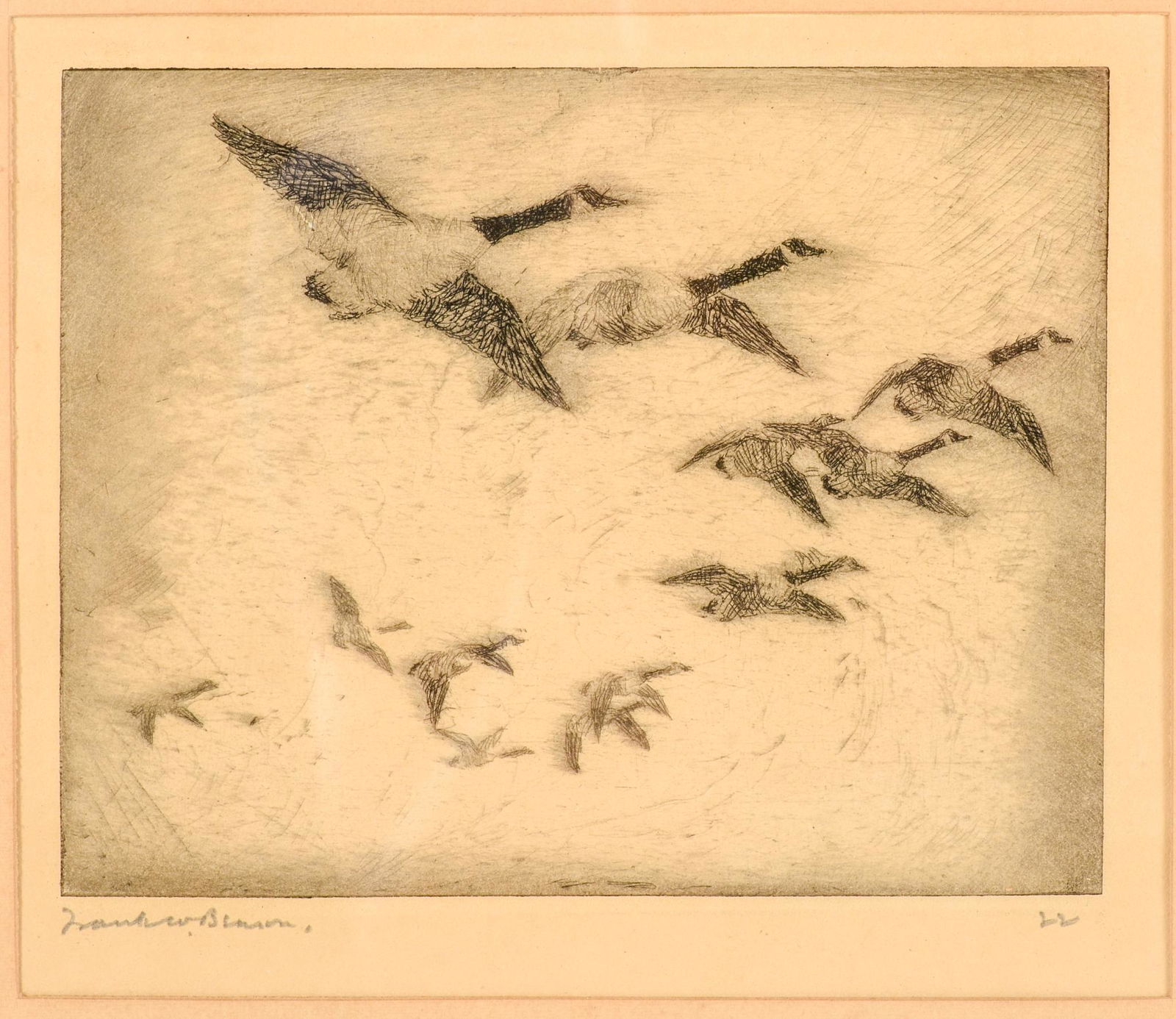Frank W. Benson. Canada Geese Passing.: Steel plate engraving on paper, image 3.75 x 5 inches, pencil signed lower left.