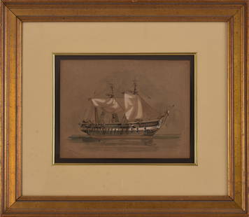 Xanthus Russell Smith Watercolor of the US Frigate Constitution.: Xanthus Russell Smith (1839 - 1929). Depicting the Constitution, rebuilt above the deck as a training vessel, in Portsmouth, NH in the 1890â€™s. 9 x 12 inches, sight. Framed, 20 x 23 inches. X